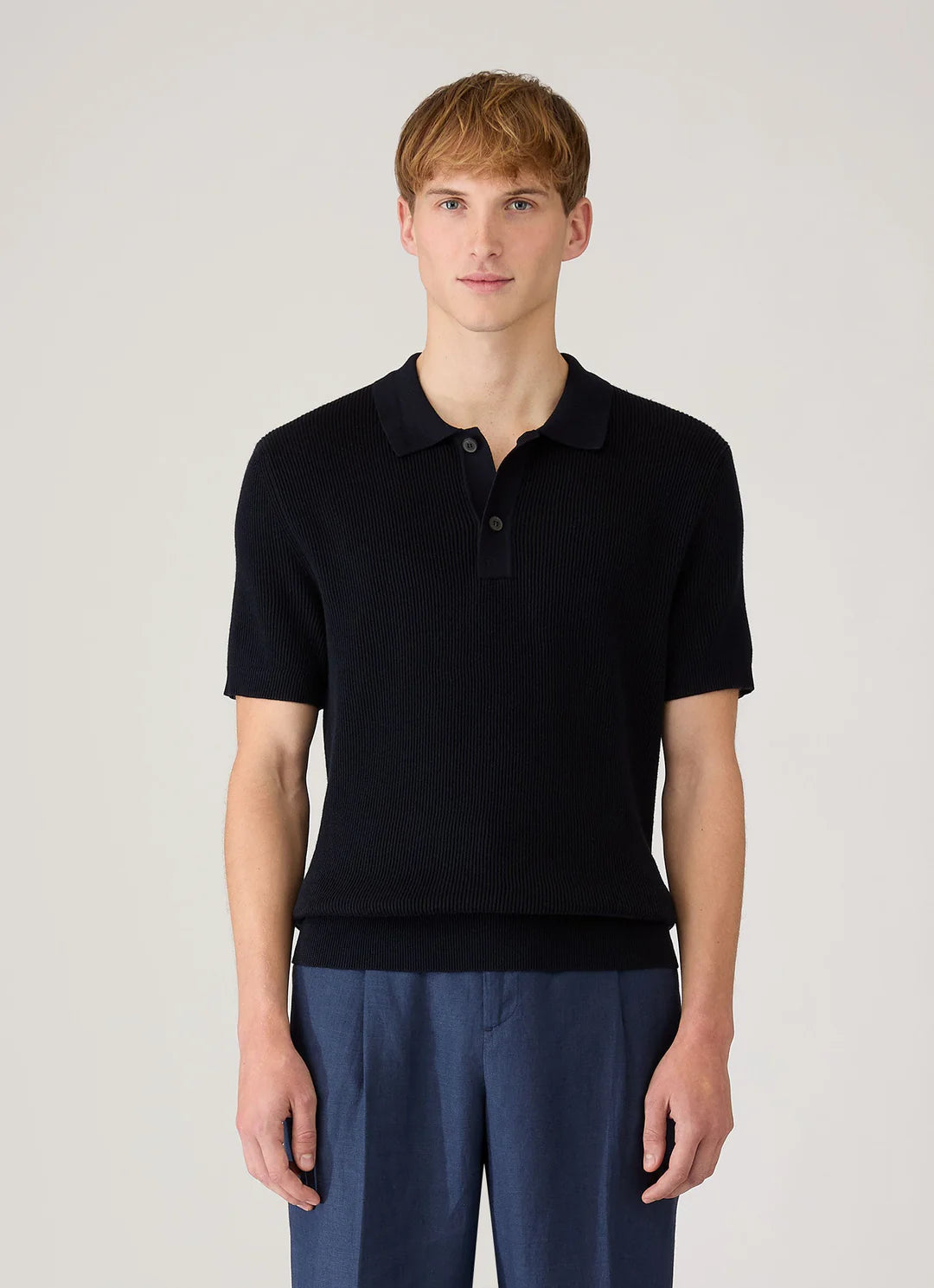 Sunspel Contrast Rib Polo Shirt - Navy