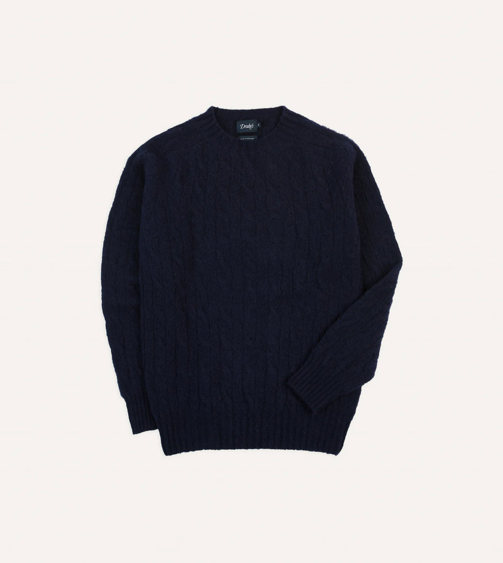 Drake’s Navy Brushed Cable Knit Shetland Crew Neck Jumper