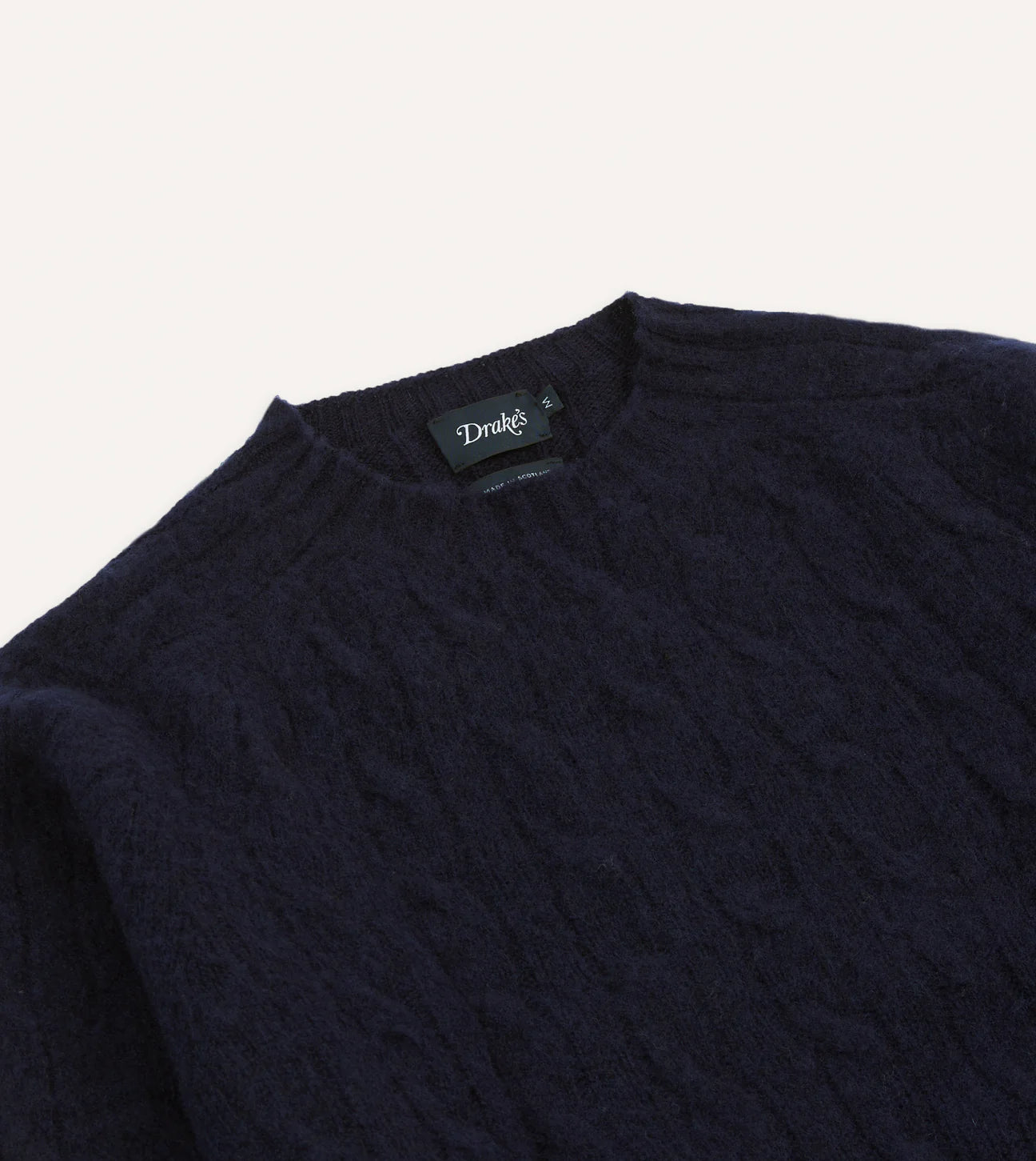 Drake’s Navy Brushed Cable Knit Shetland Crew Neck Jumper