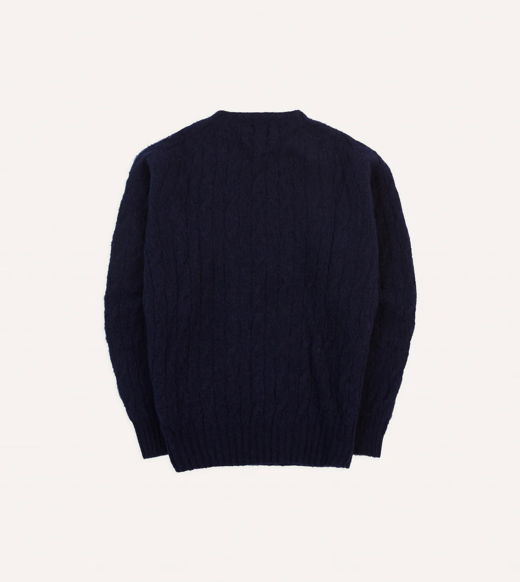 Drake’s Navy Brushed Cable Knit Shetland Crew Neck Jumper