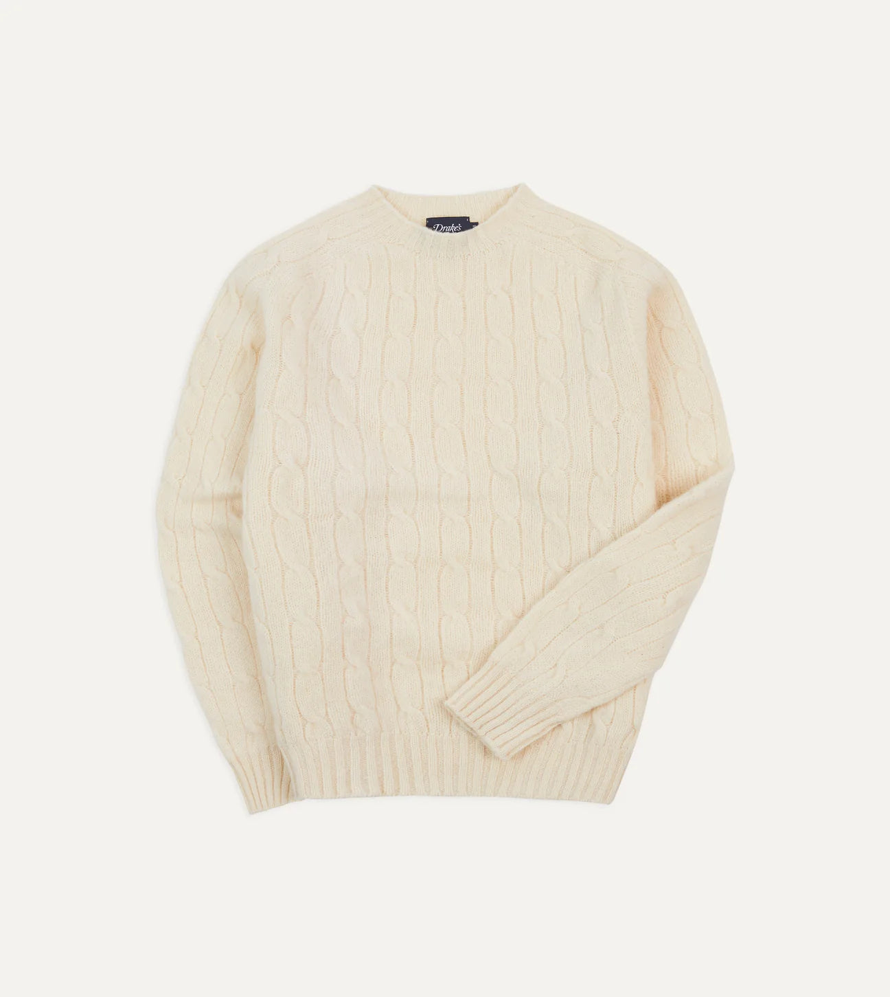 Drake's Ecru Brushed Shetland Cable Knit Crew Neck Jumper