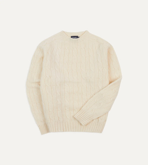 Drake's Ecru Brushed Shetland Cable Knit Crew Neck Jumper