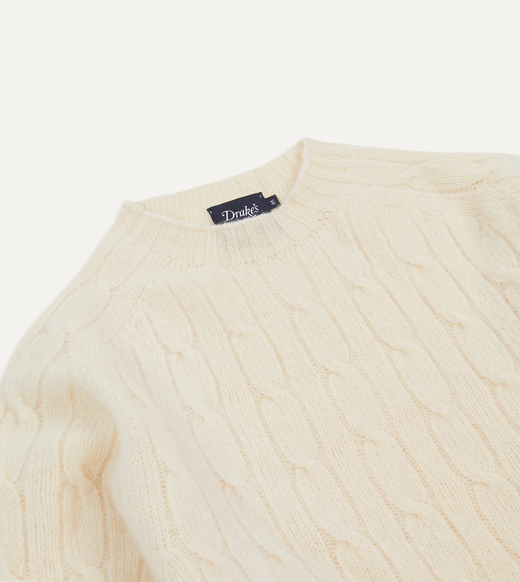 Drake's Ecru Brushed Shetland Cable Knit Crew Neck Jumper