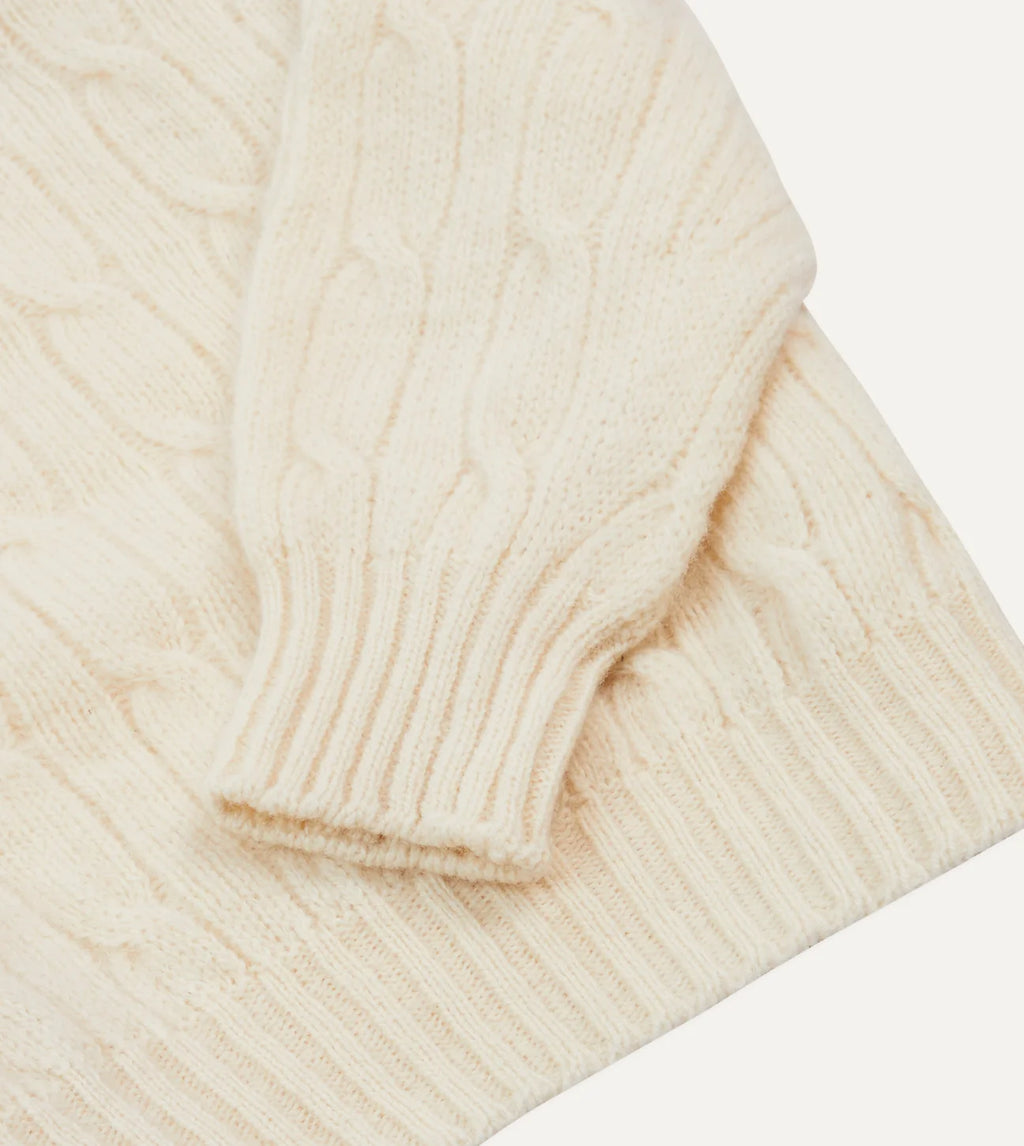 Drake's Ecru Brushed Shetland Cable Knit Crew Neck Jumper