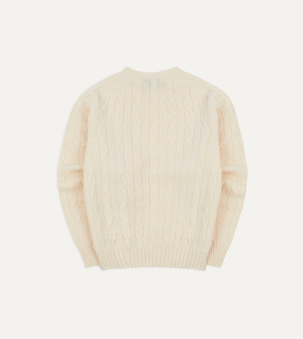 Drake's Ecru Brushed Shetland Cable Knit Crew Neck Jumper