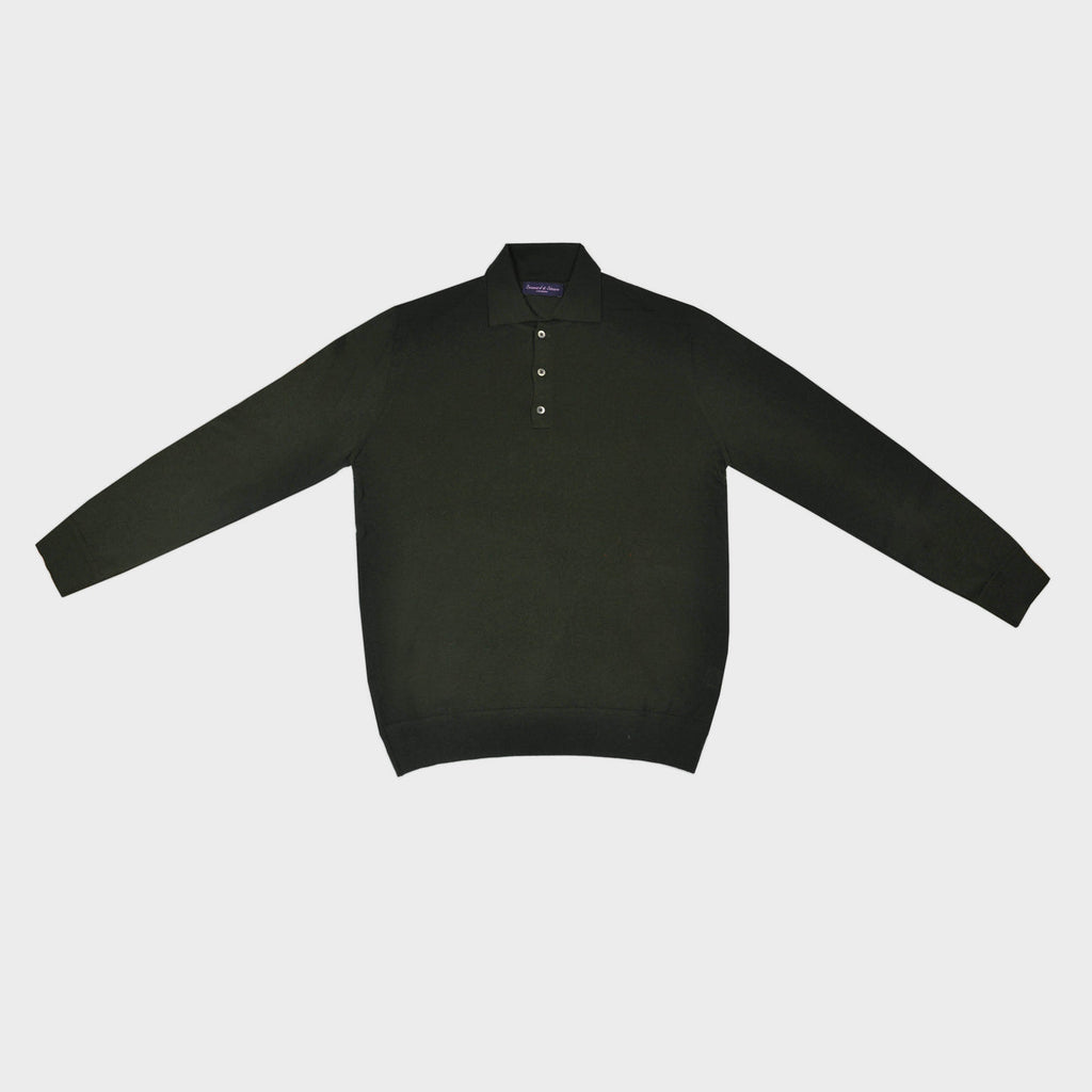 Seaward and Stearn Super Fine Merino Wool Long Sleeve Polo Bottle Green