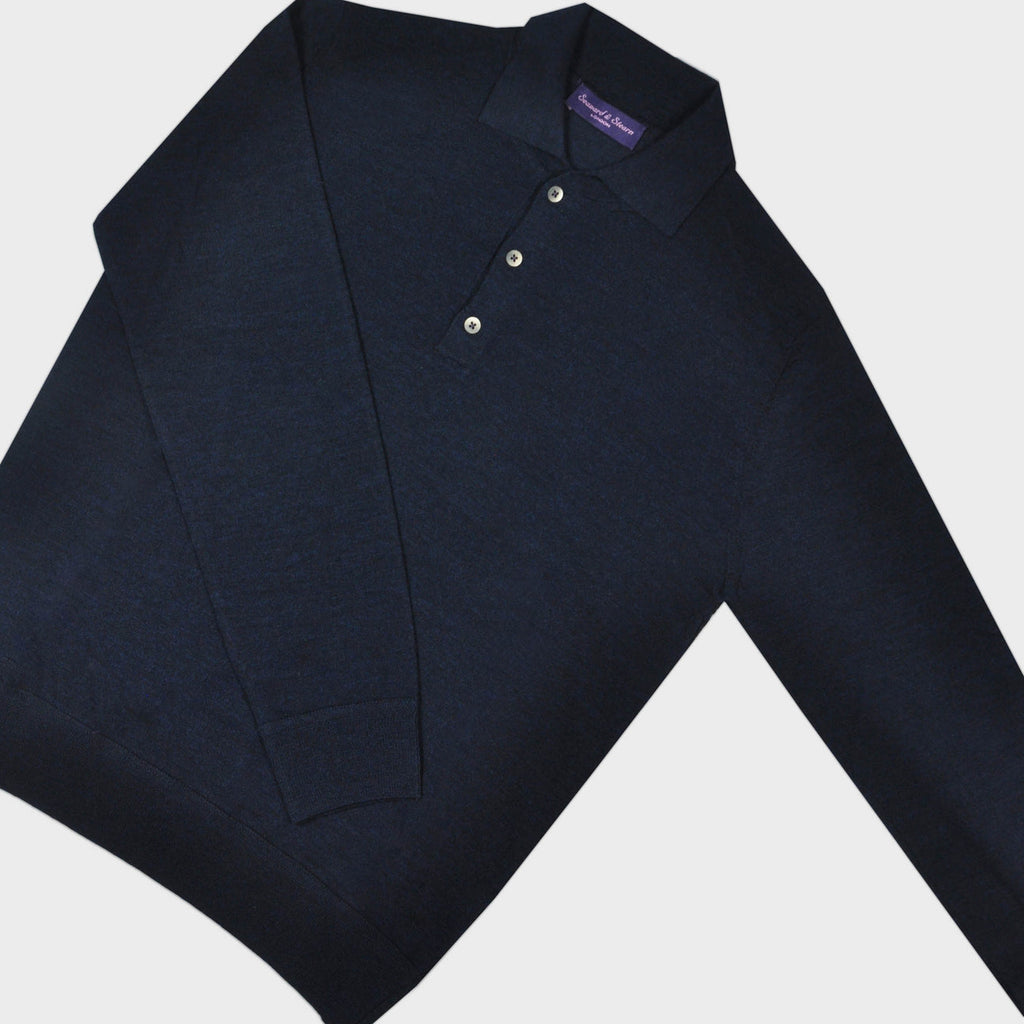 Seaward & Stearn Super Fine Merino Wool Long Sleeve Polo in Deep Navy