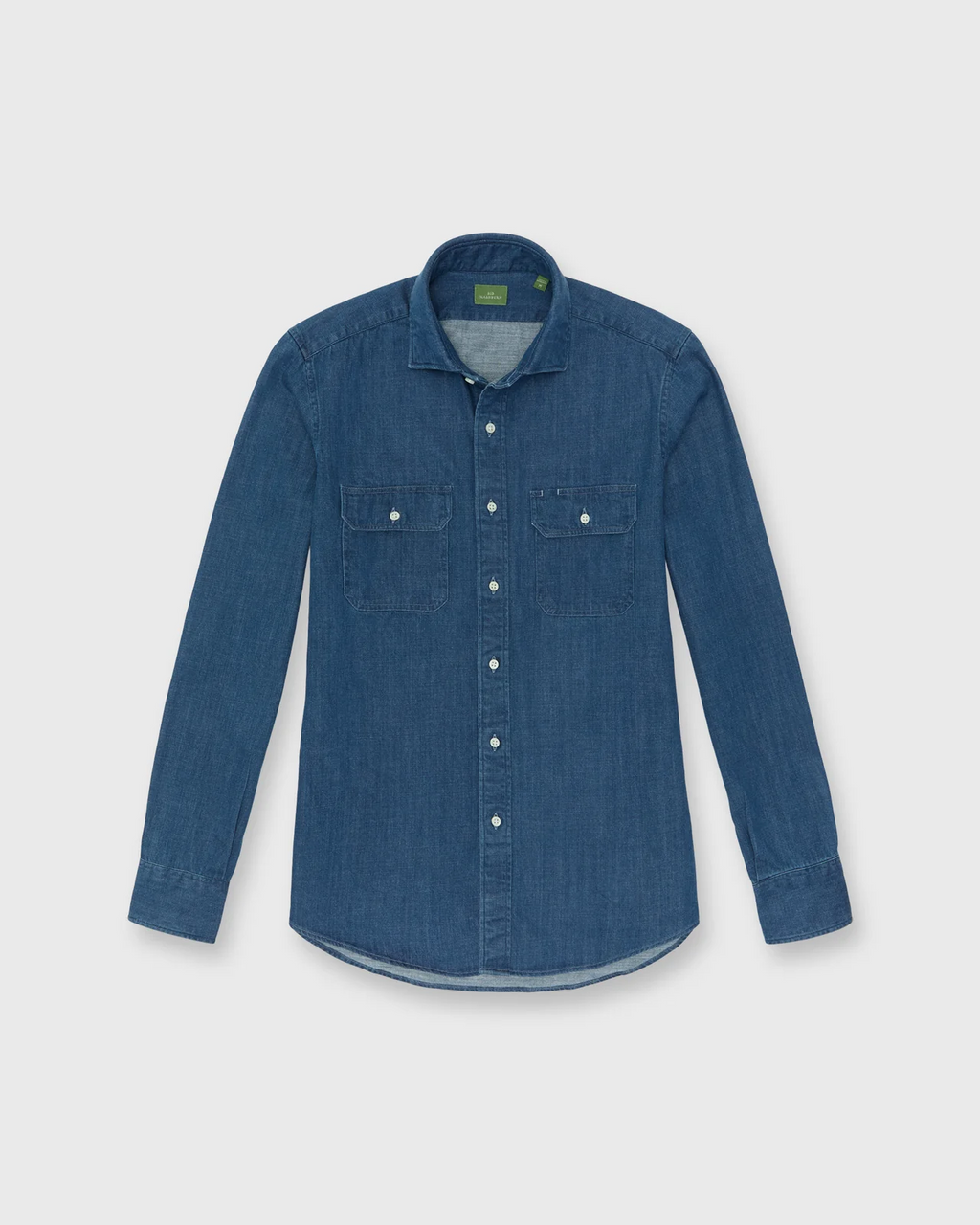 Blue denim shirt on a light gray background