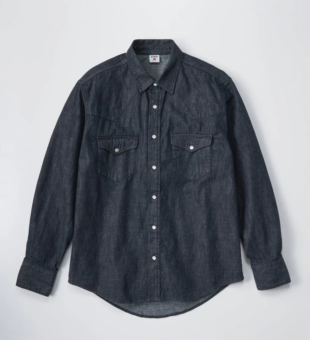 Dark denim shirt with button details on a light gray background