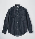 Dark denim shirt with button details on a light gray background