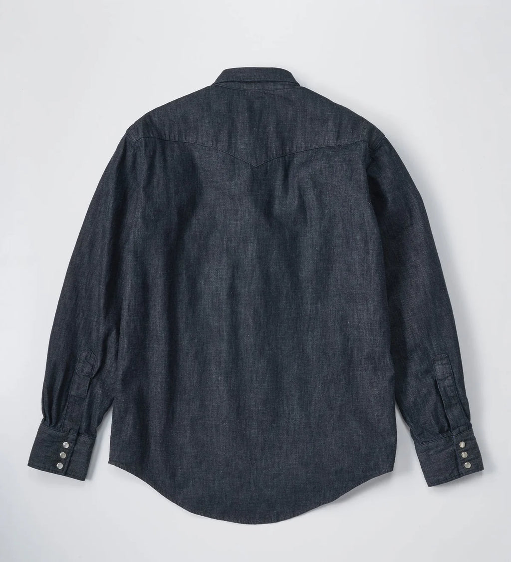 Dark denim shirt on a light gray background