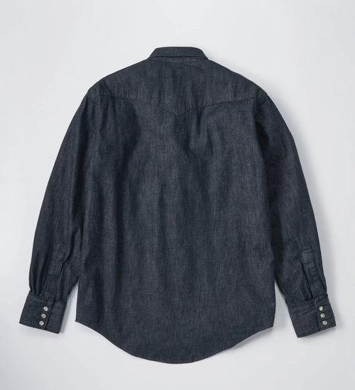 Dark denim shirt on a light gray background