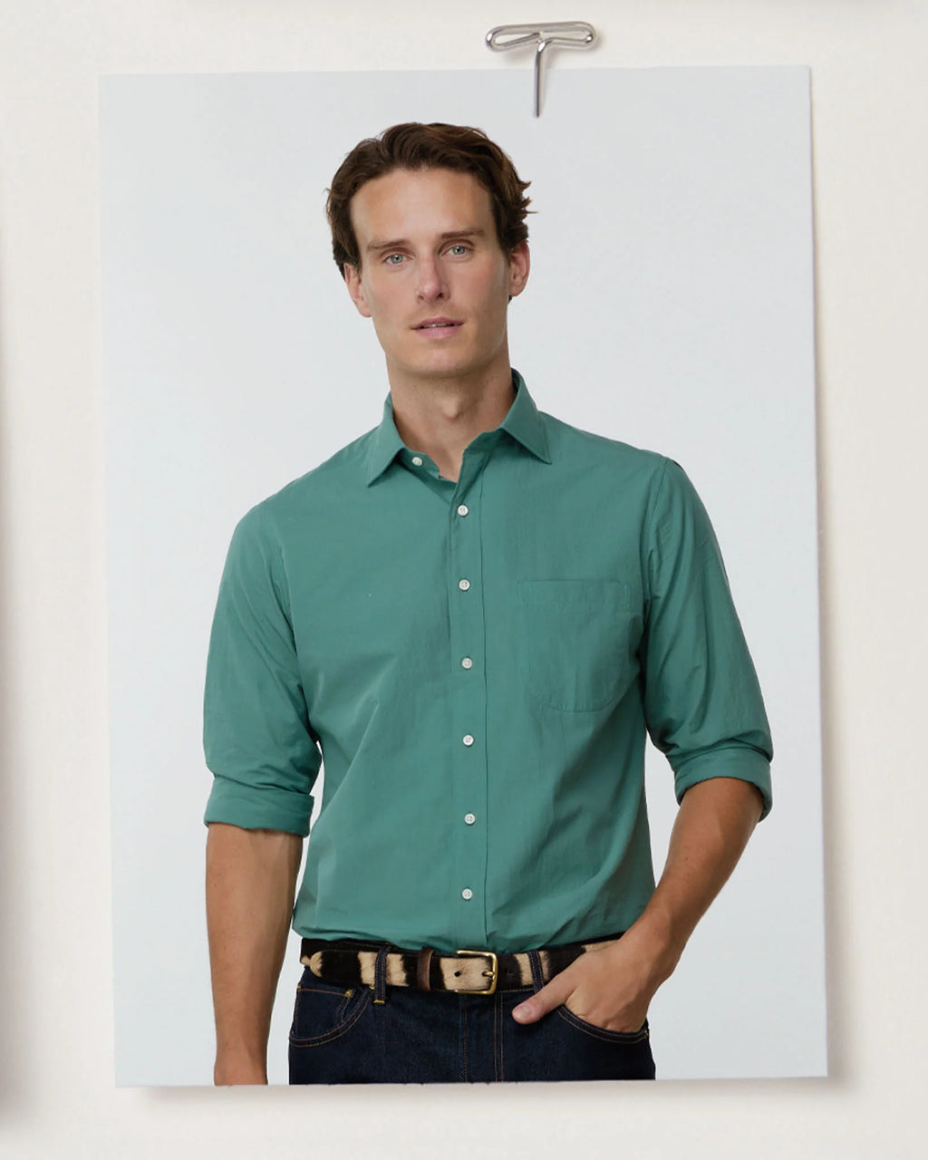 Sid Mashburn Spread Collar Sport Shirt Green Shadow Stripe Poplin