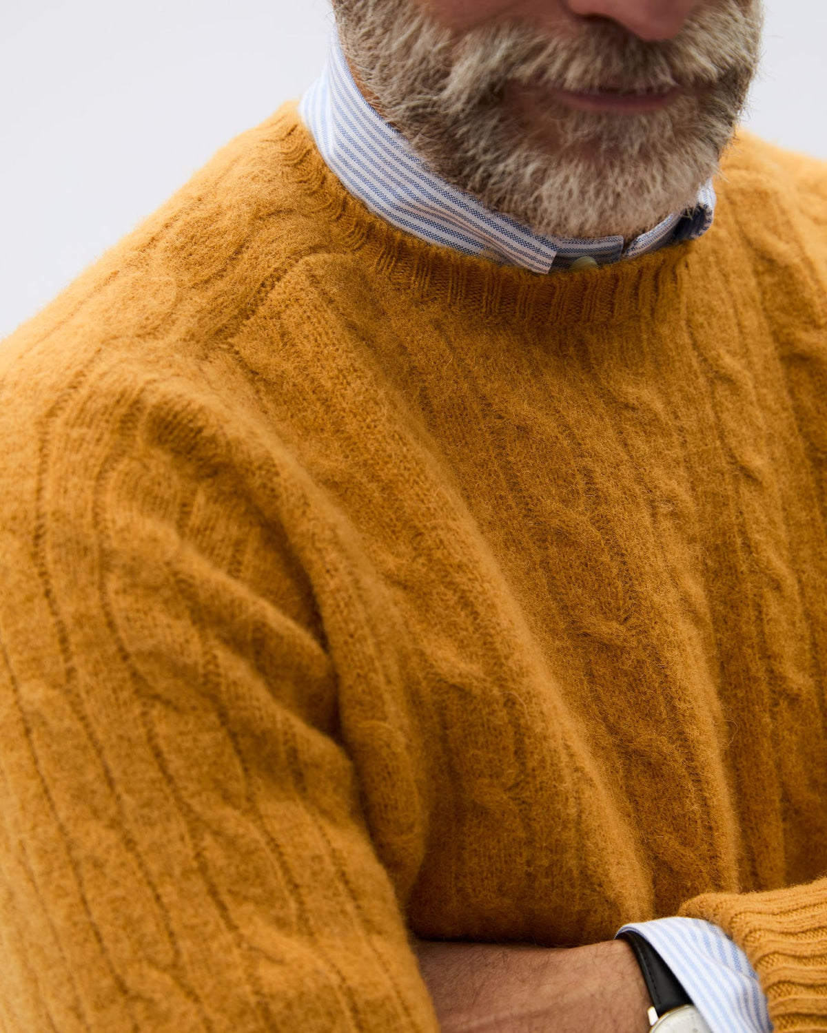 Sid Mashburn Washed Cable-Knit Crewneck Sweater - Caramel Rustic Wool - front product photograph