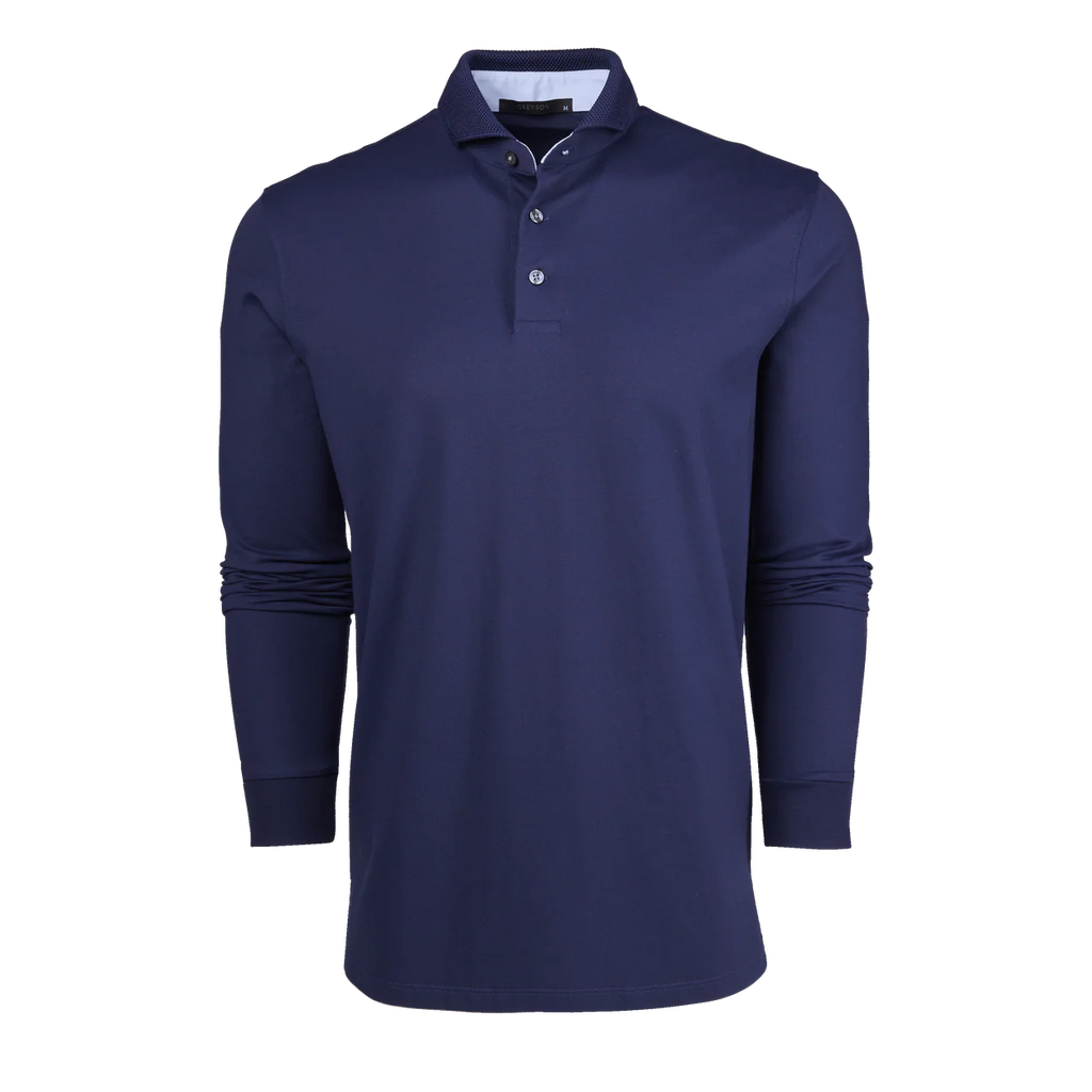 Navy long-sleeve polo shirt on a white background