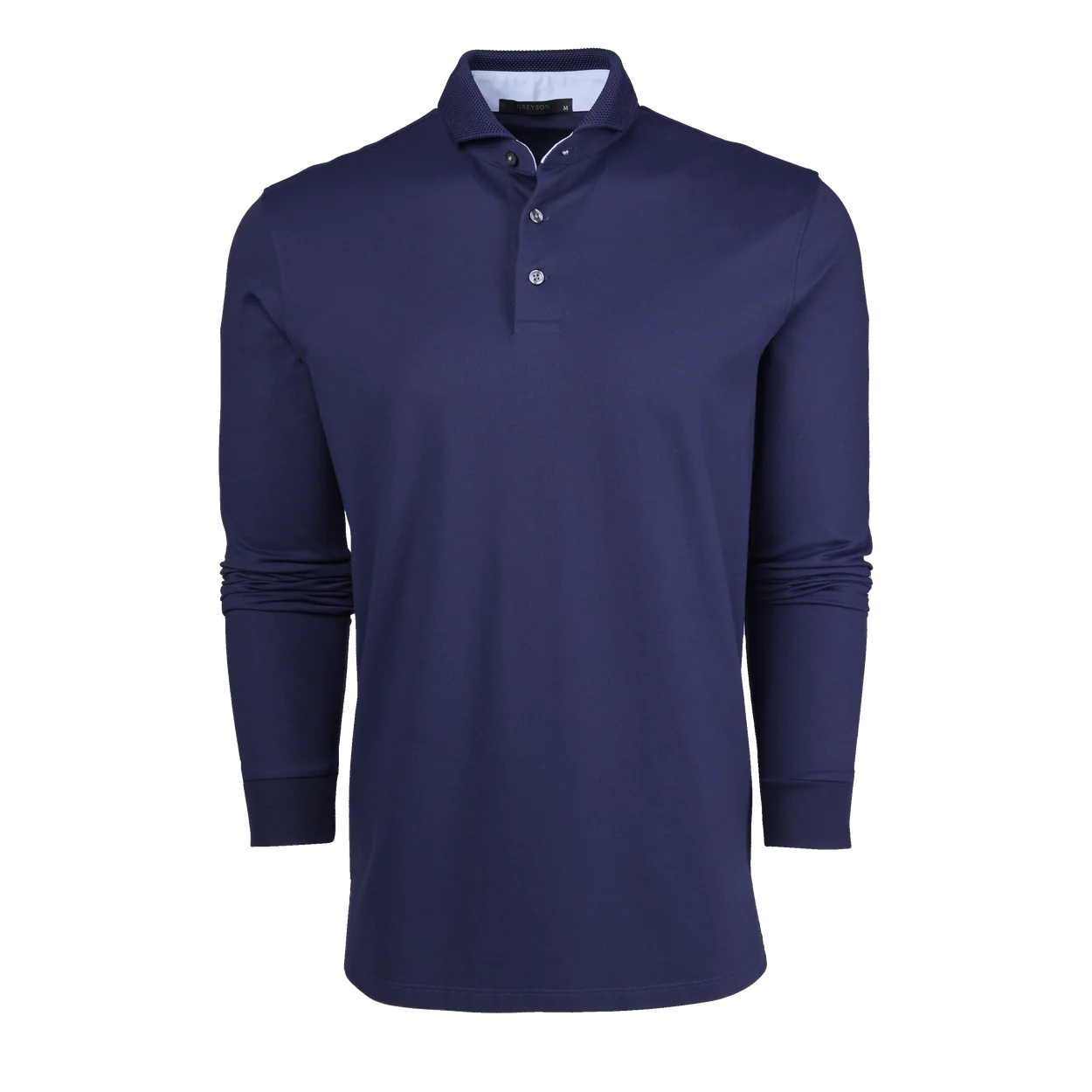 Navy long-sleeve polo shirt on a white background