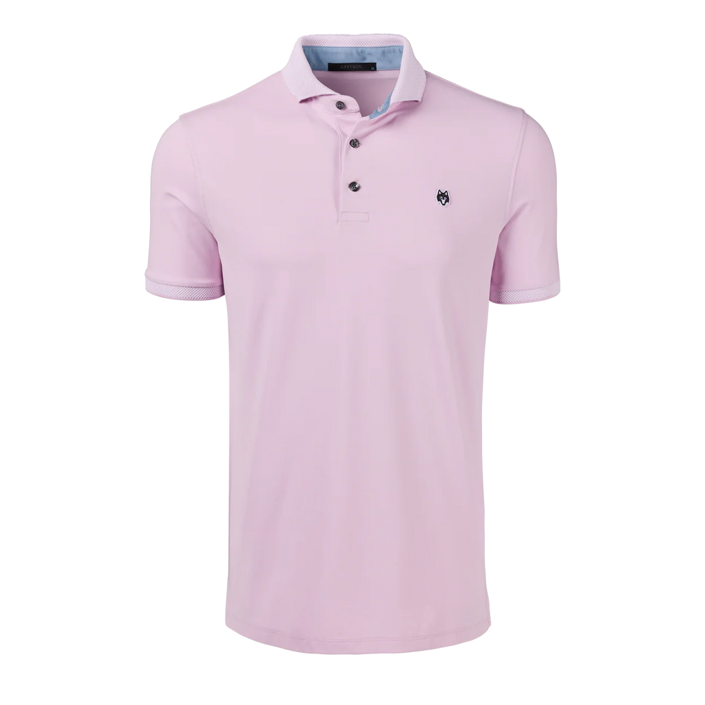 Pink polo shirt with a small logo on a white background