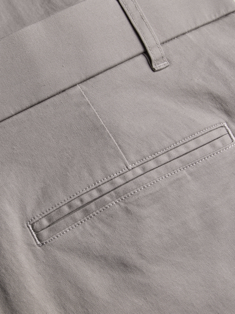Close-up of gray pants with a pocket detail