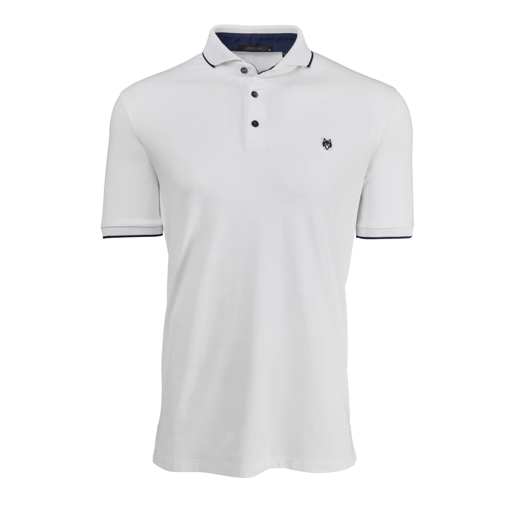 White polo shirt with black trim on a white background