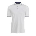 White polo shirt with black trim on a white background