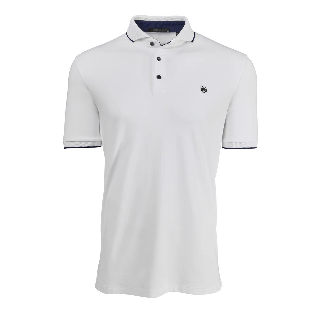 White polo shirt with black trim on a white background