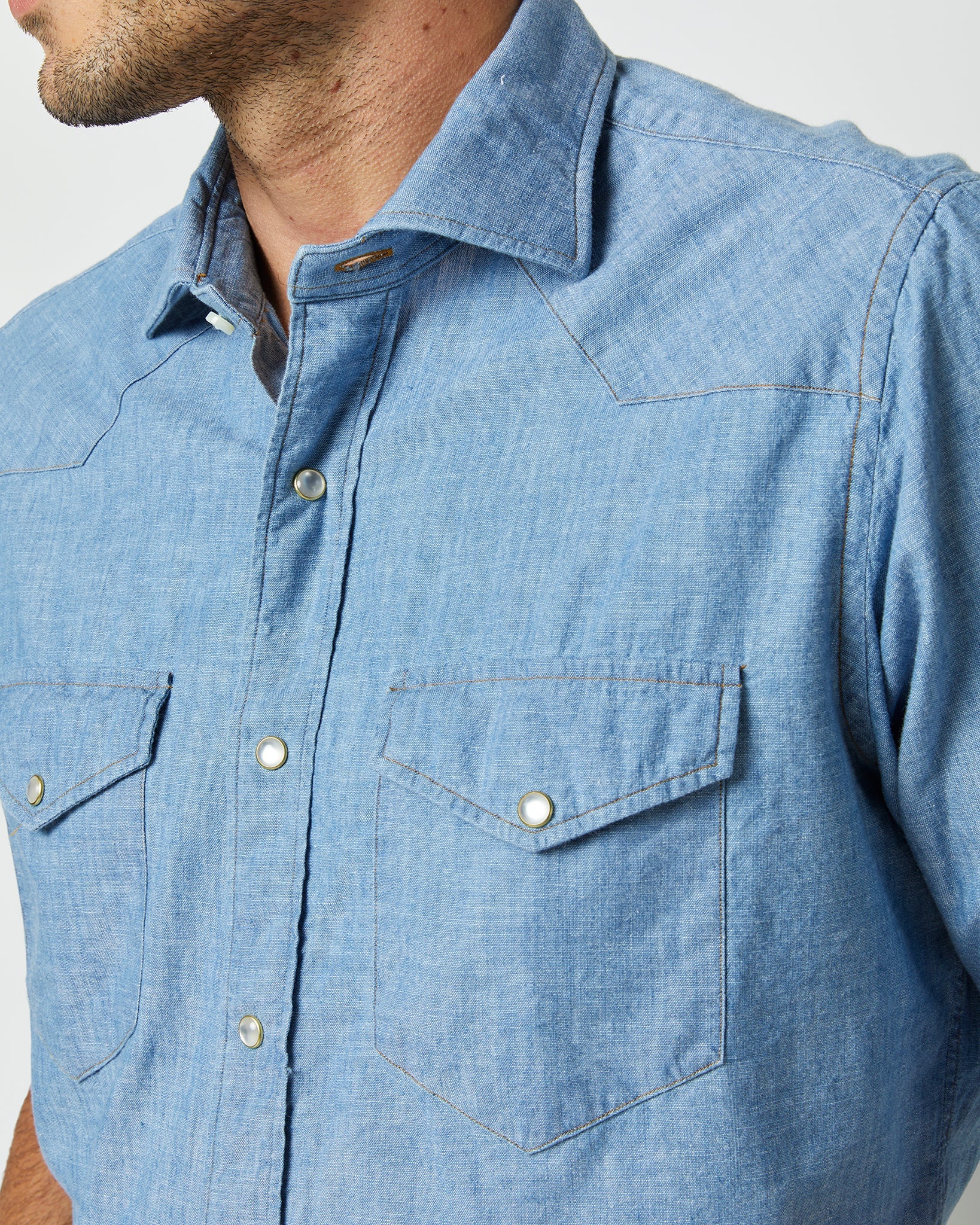 Sid Mashburn Western Work Shirt Extra Light Washed Indigo Chambray