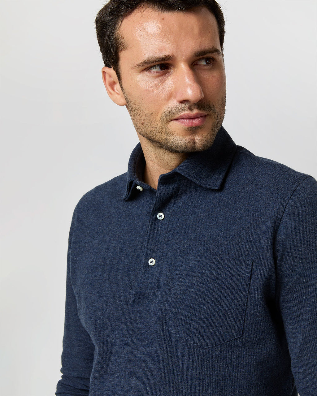 Sid Mashburn Long-Sleeved Polo Heather Denim Pima Pique