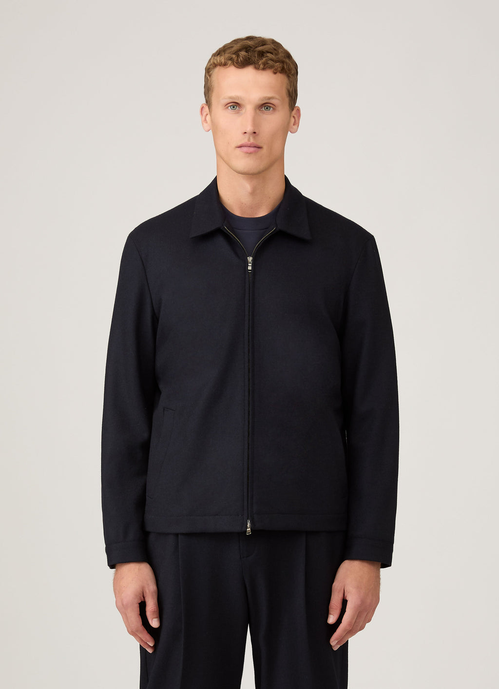 Sunspel Boiled Wool Harrington Jacket - Navy - model view