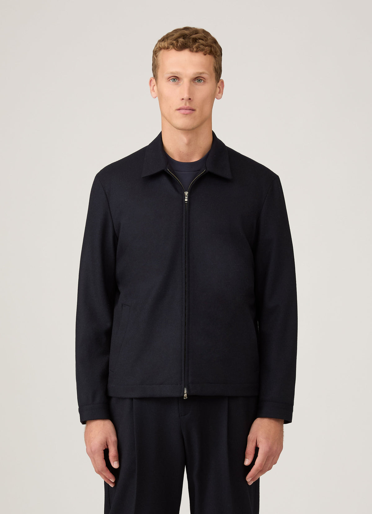 Sunspel Boiled Wool Harrington Jacket - Navy - model view