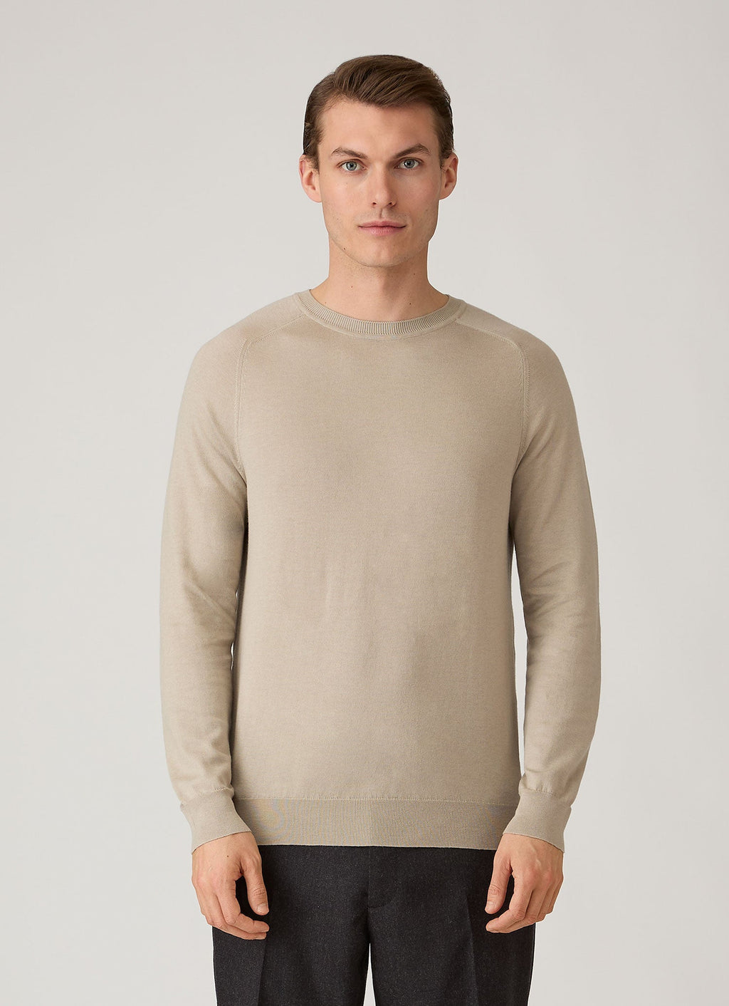 Sunspel Sea Island Cashmere Crew Neck Jumper - Stone - model view