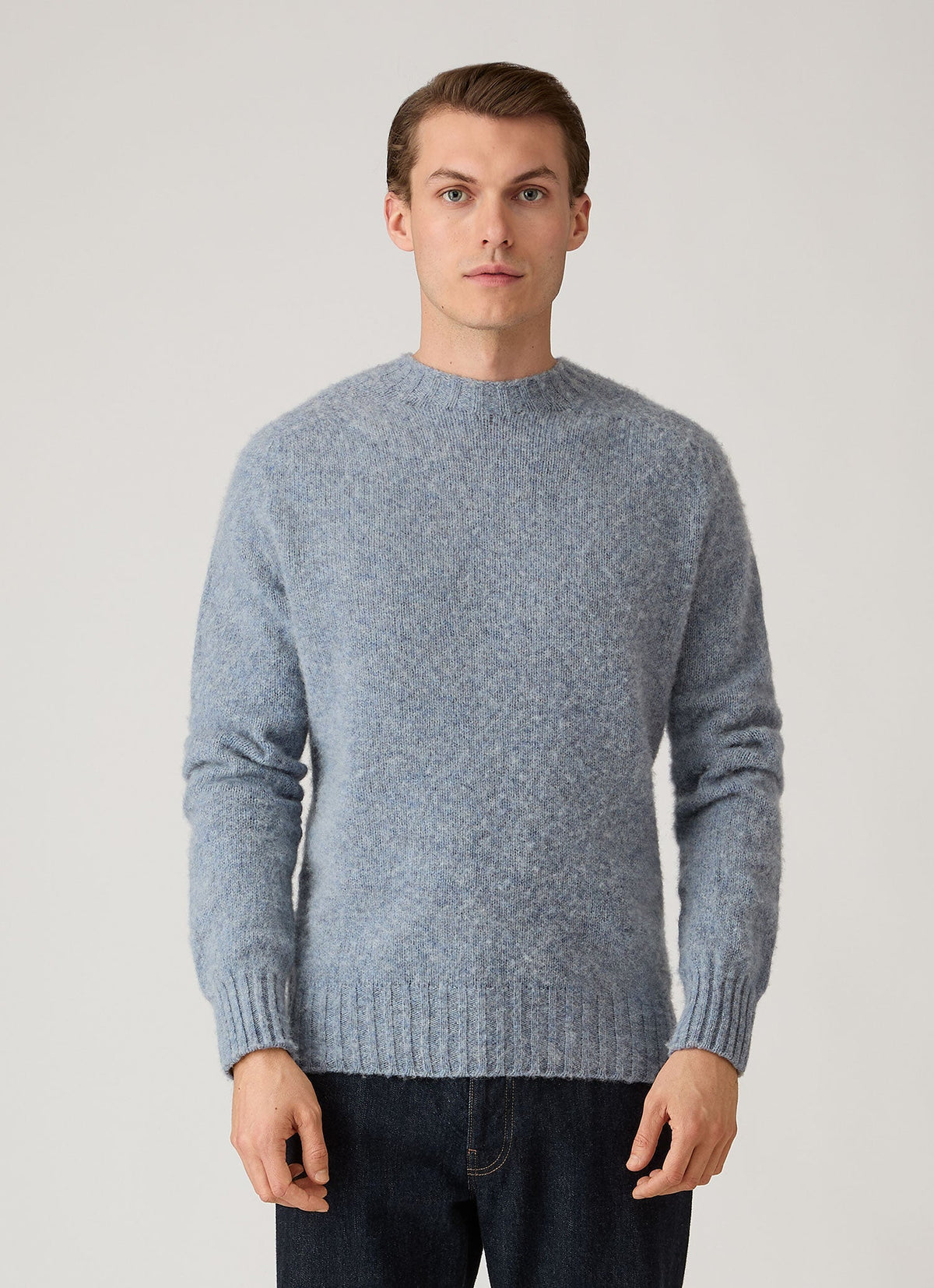 Sunspel Shetland Crew Neck Jumper - Powder Blue - model view