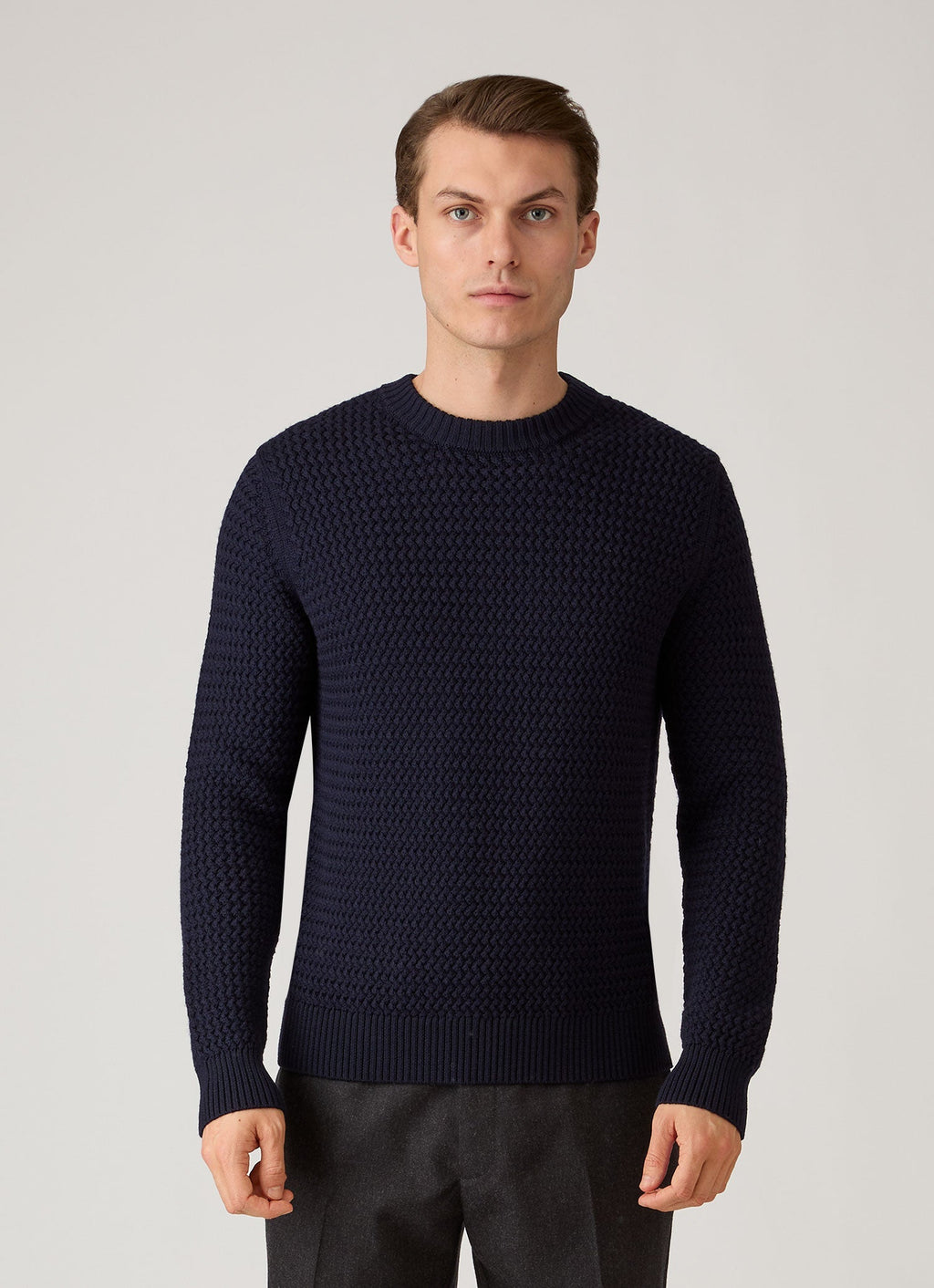 Sunspel Merino Wool Basketweave Jumper - Navy - model view