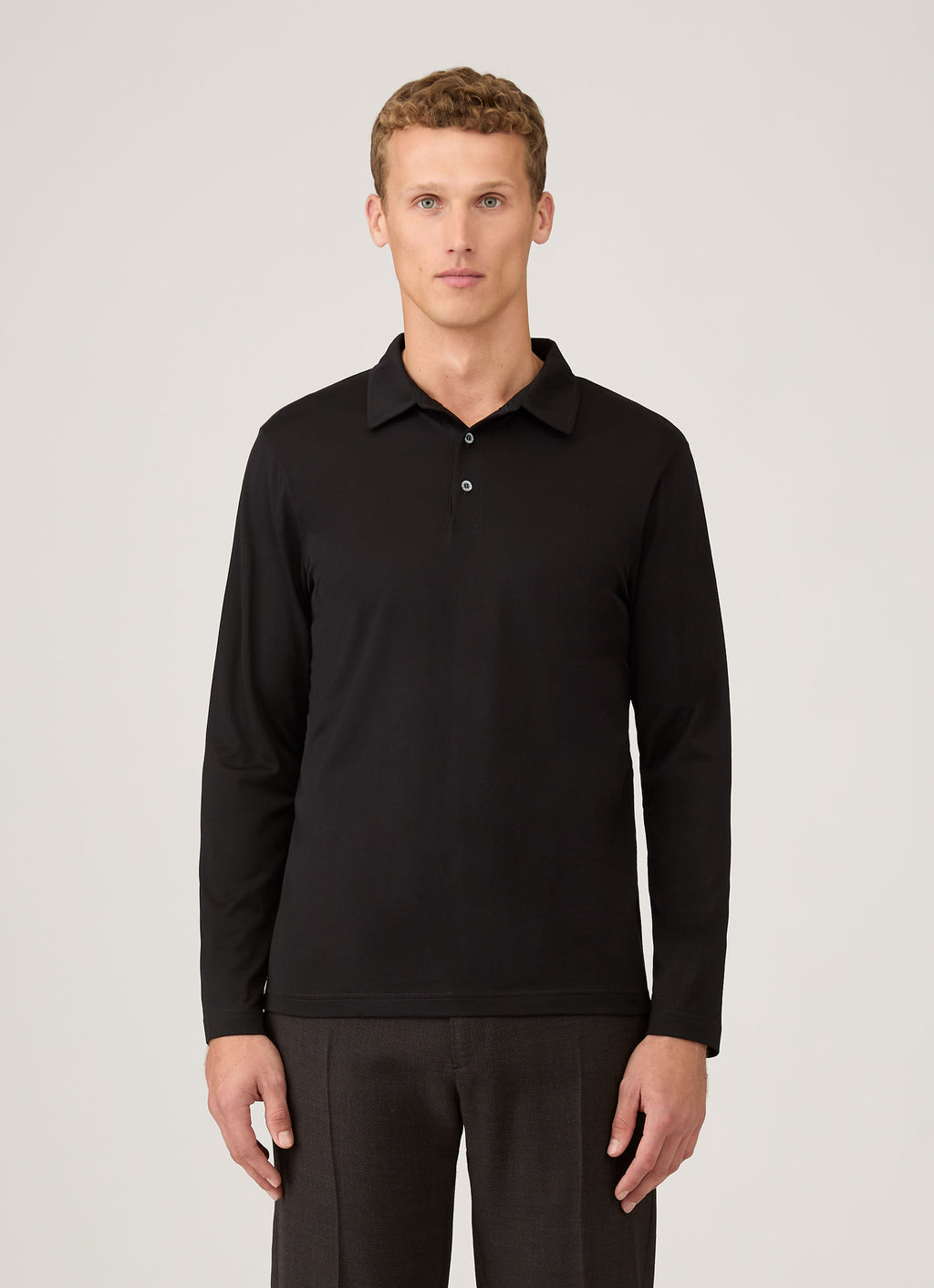 Sunspel Long Sleeve Classic Jersey Polo Shirt - Black - model view