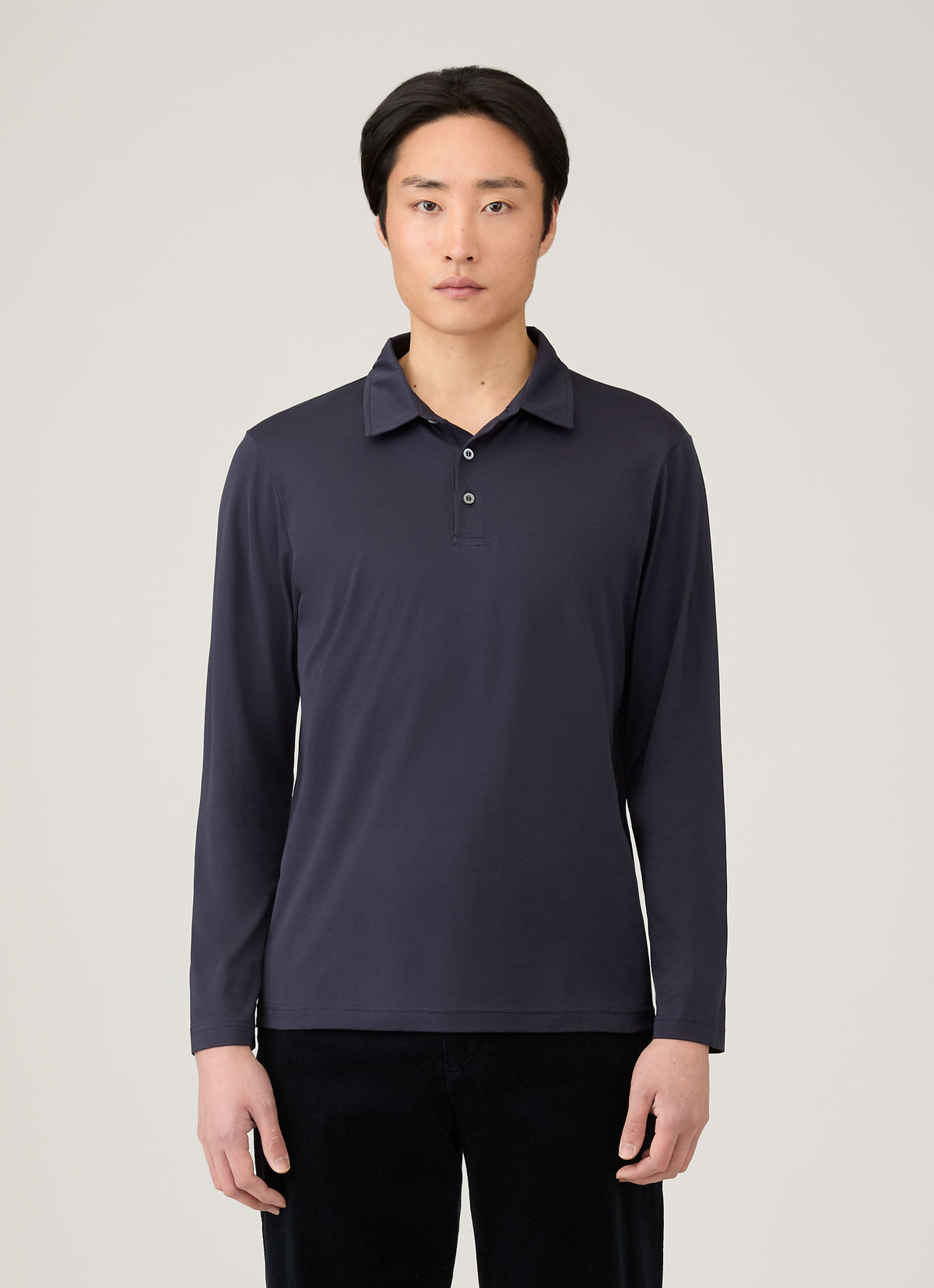 Sunspel Long Sleeve Classic Jersey Polo Shirt - Navy - model view