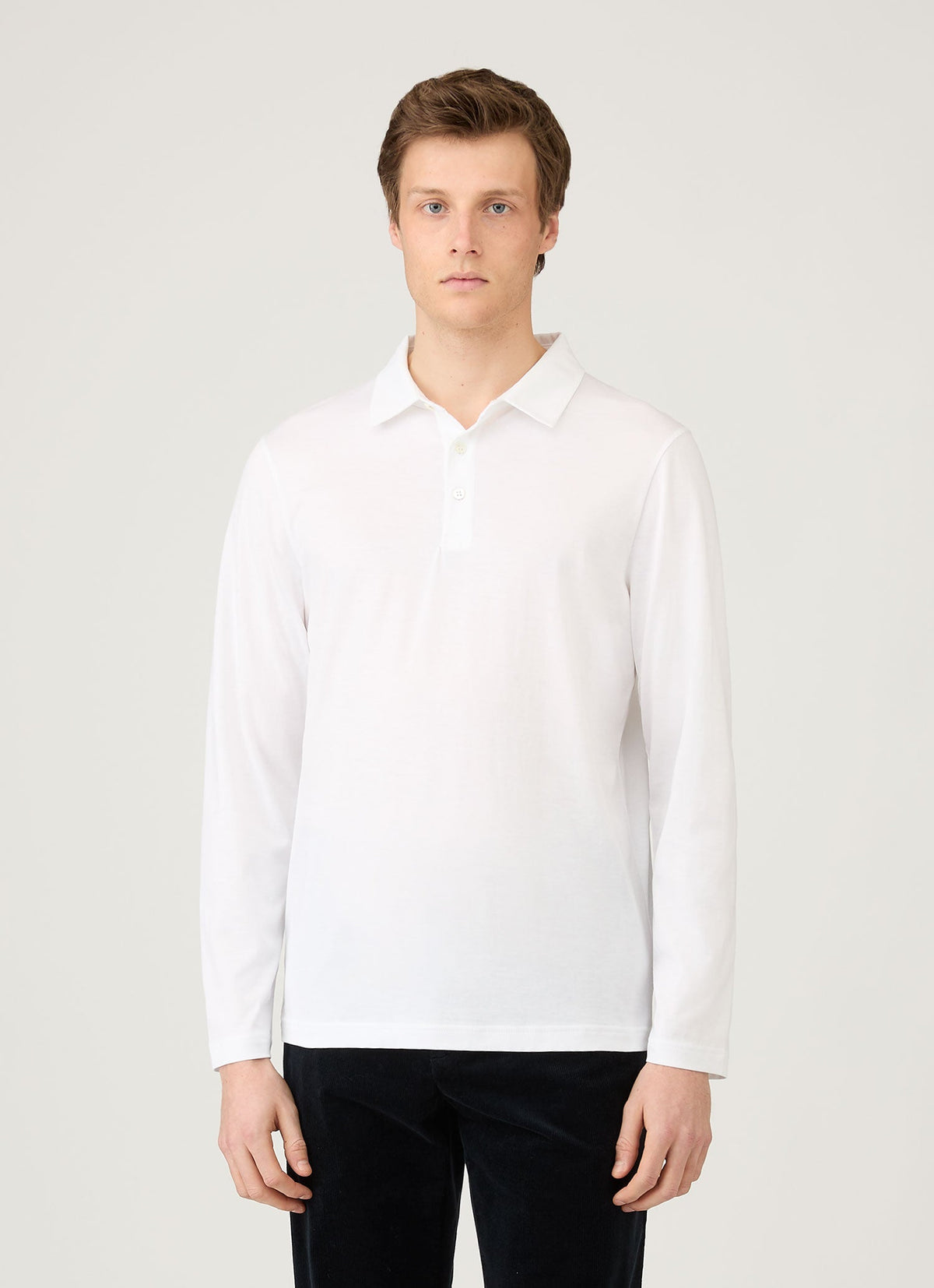 Sunspel Long Sleeve Classic Jersey Polo Shirt - White - model view