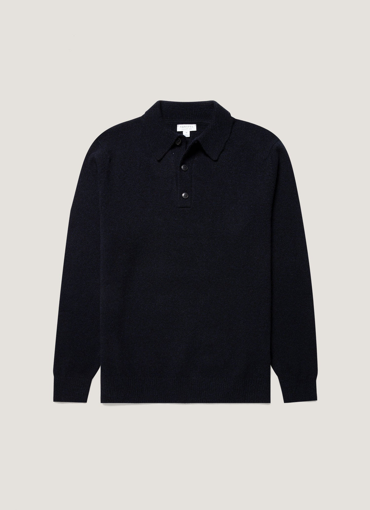 Sunspel Lambswool Knitted Polo Shirt - Dark Navy Mouline - garment front