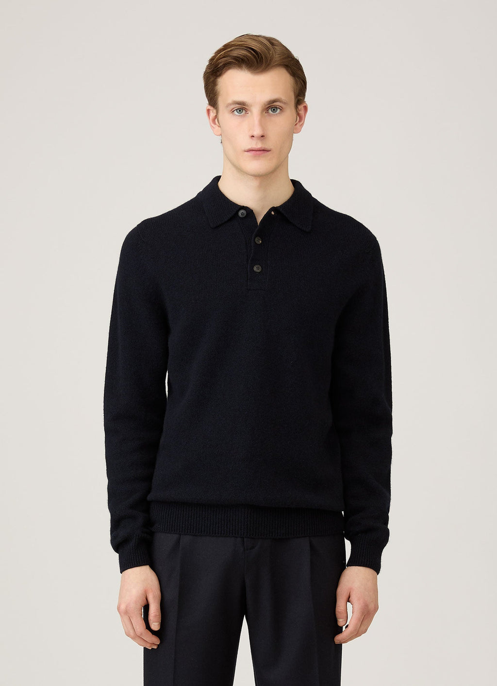 Sunspel Lambswool Knitted Polo Shirt - Dark Navy Mouline - model view