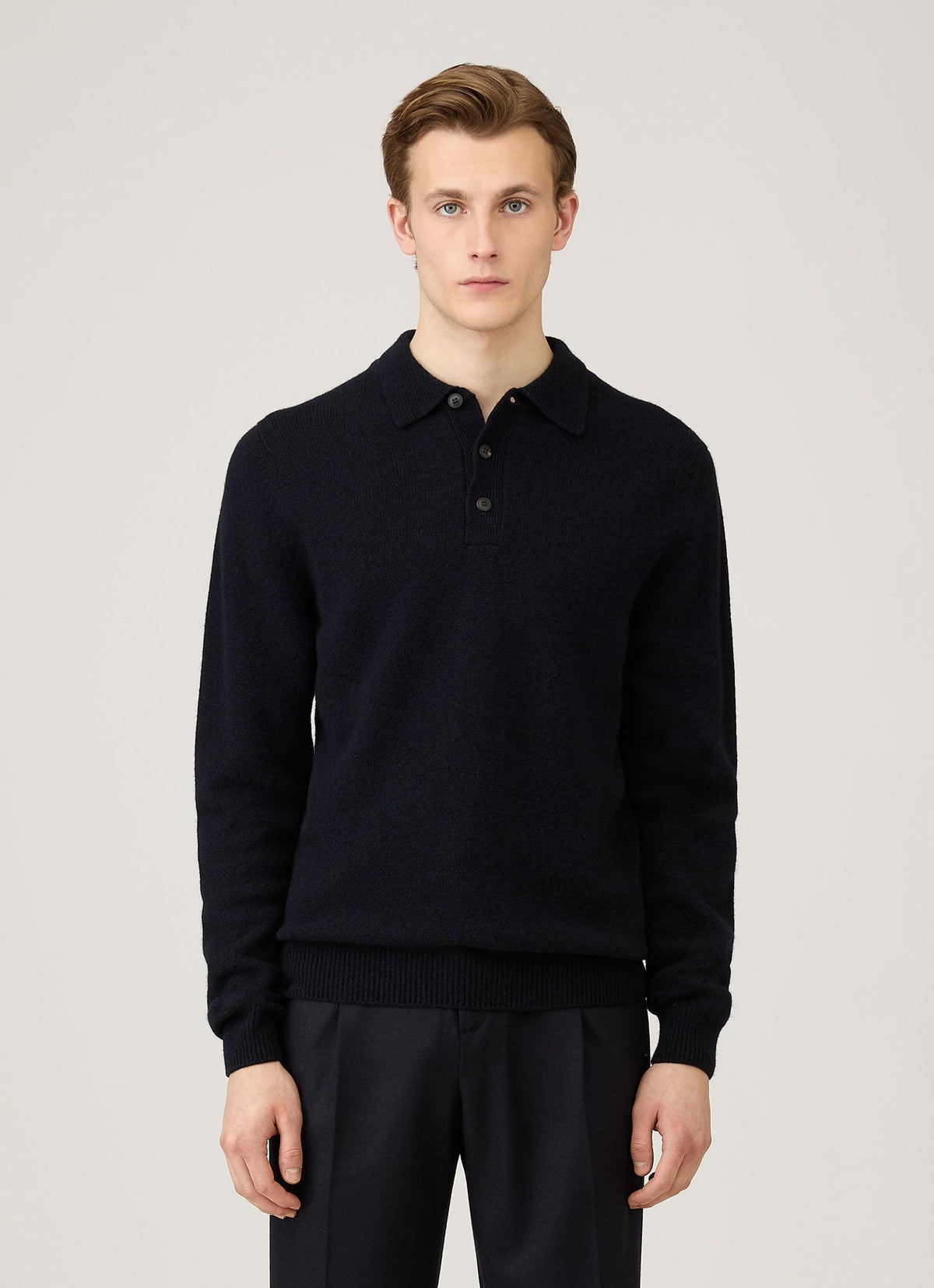 Sunspel Lambswool Knitted Polo Shirt - Dark Navy Mouline - model view
