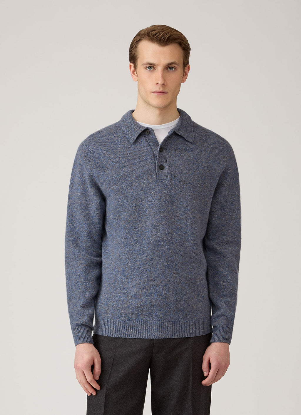 Sunspel Lambswool Knitted Polo Shirt - Denim Twist - model view