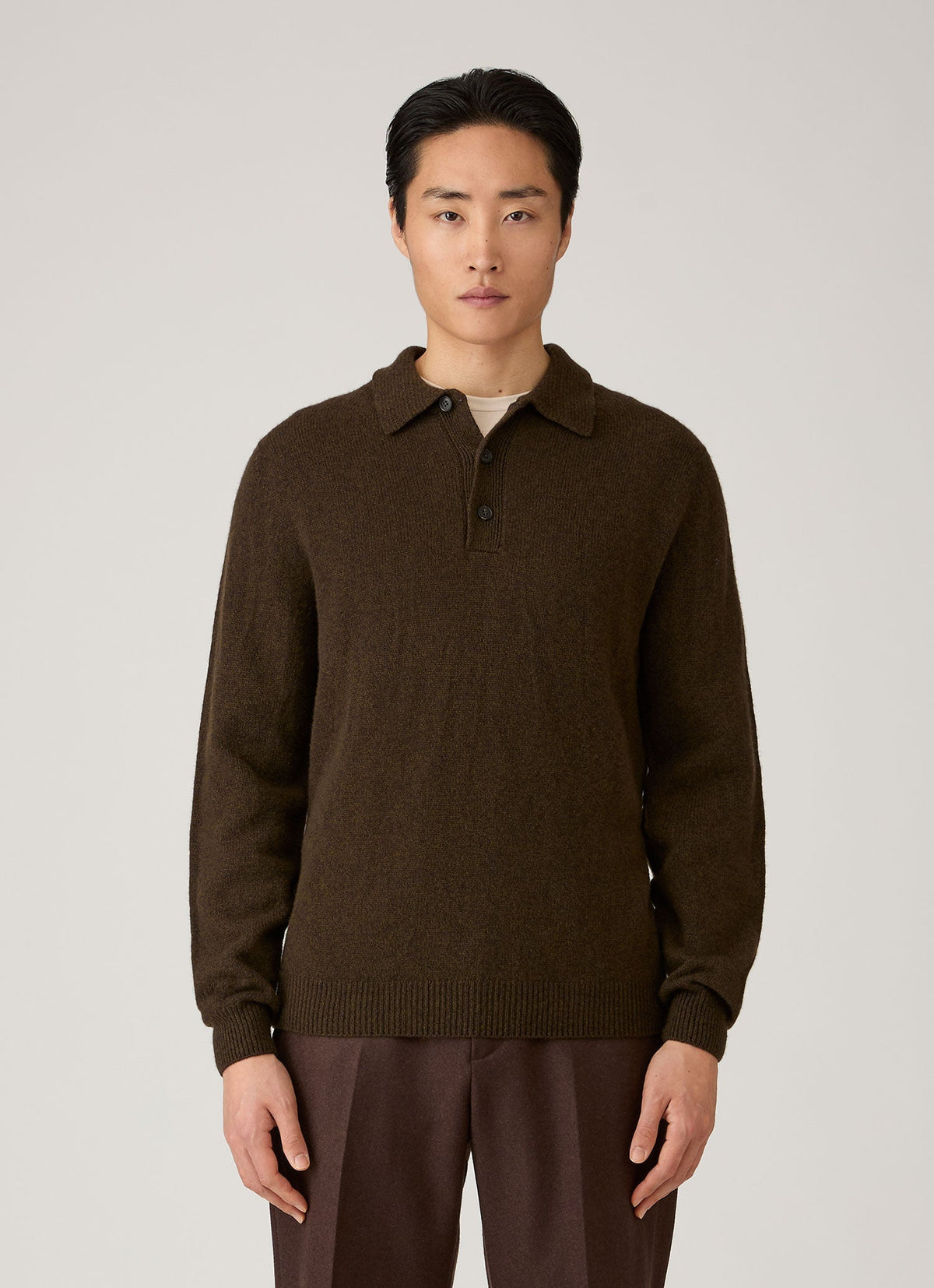 Sunspel Lambswool Knitted Polo Shirt - Loden Green Twist - model view