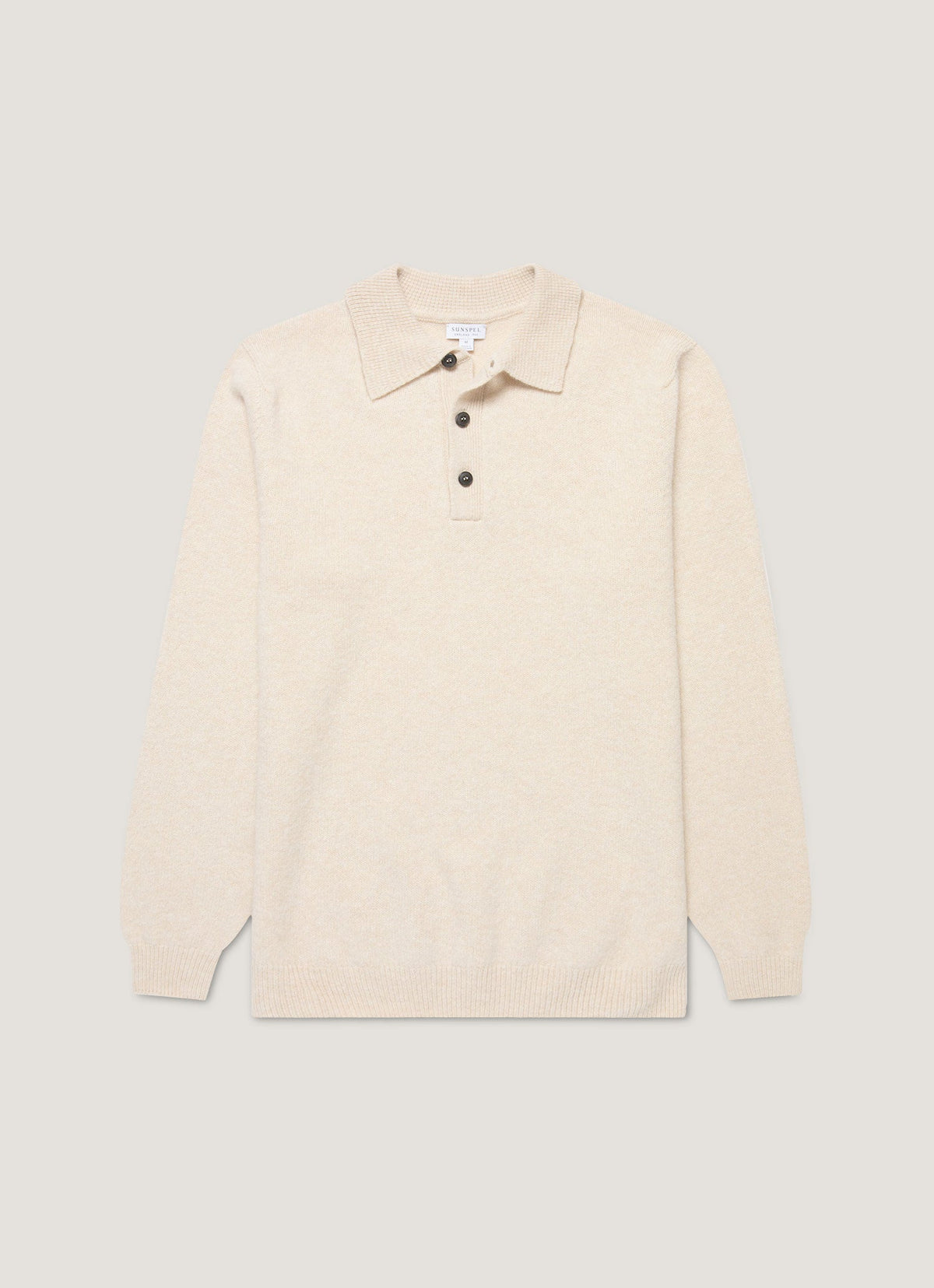 Sunspel Lambswool Knitted Polo Shirt - Oatmeal Melange - garment front