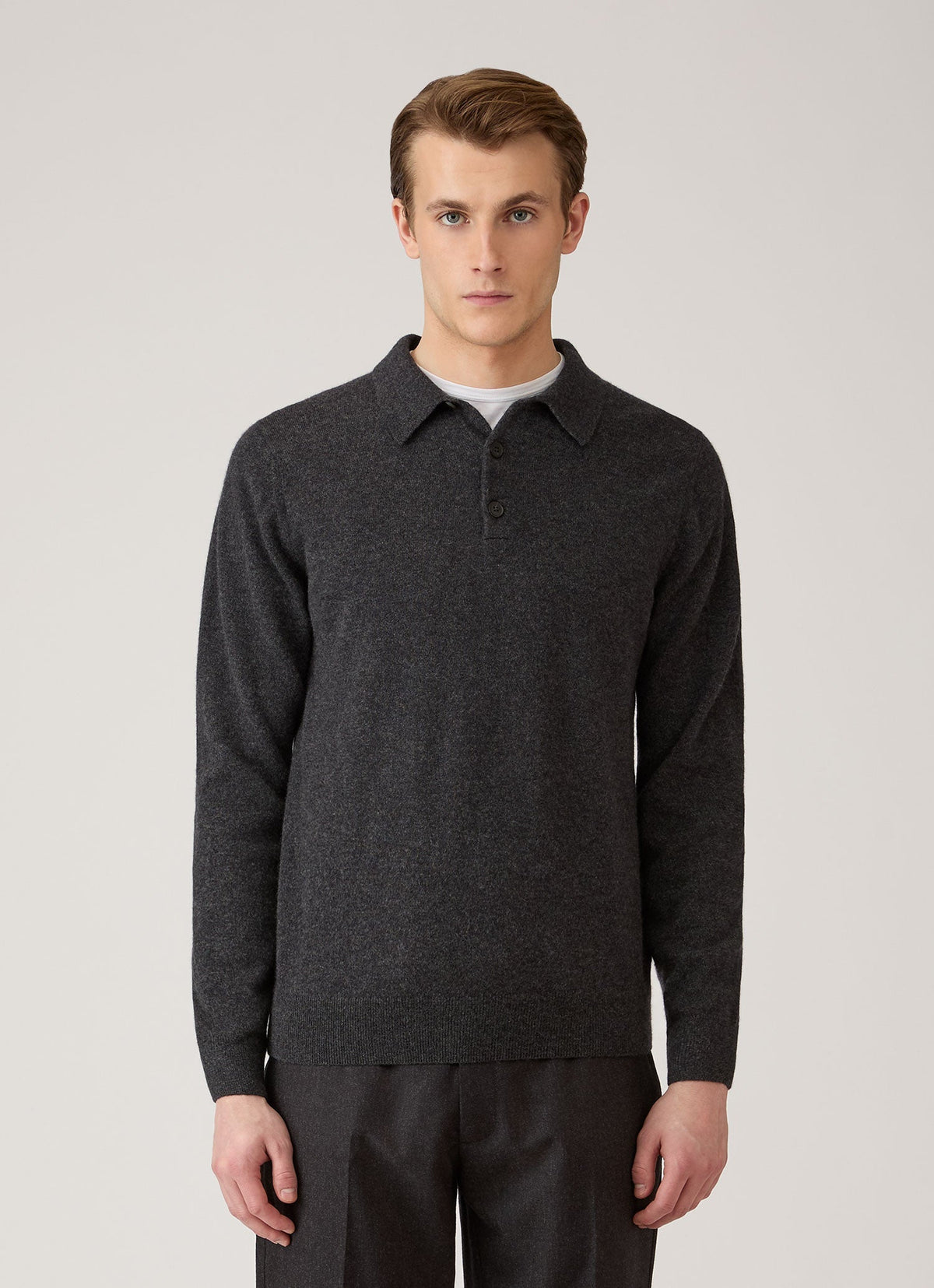 Sunspel Cashmere Knitted Polo Shirt - Charcoal Melange - model view
