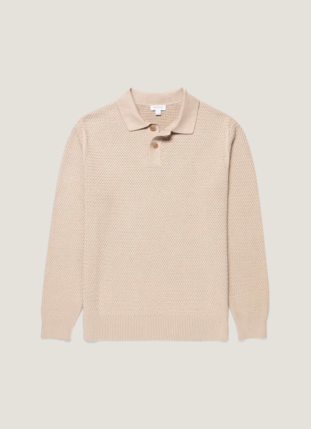 Sunspel Cotton Basketweave Polo Shirt - Stone - garment front