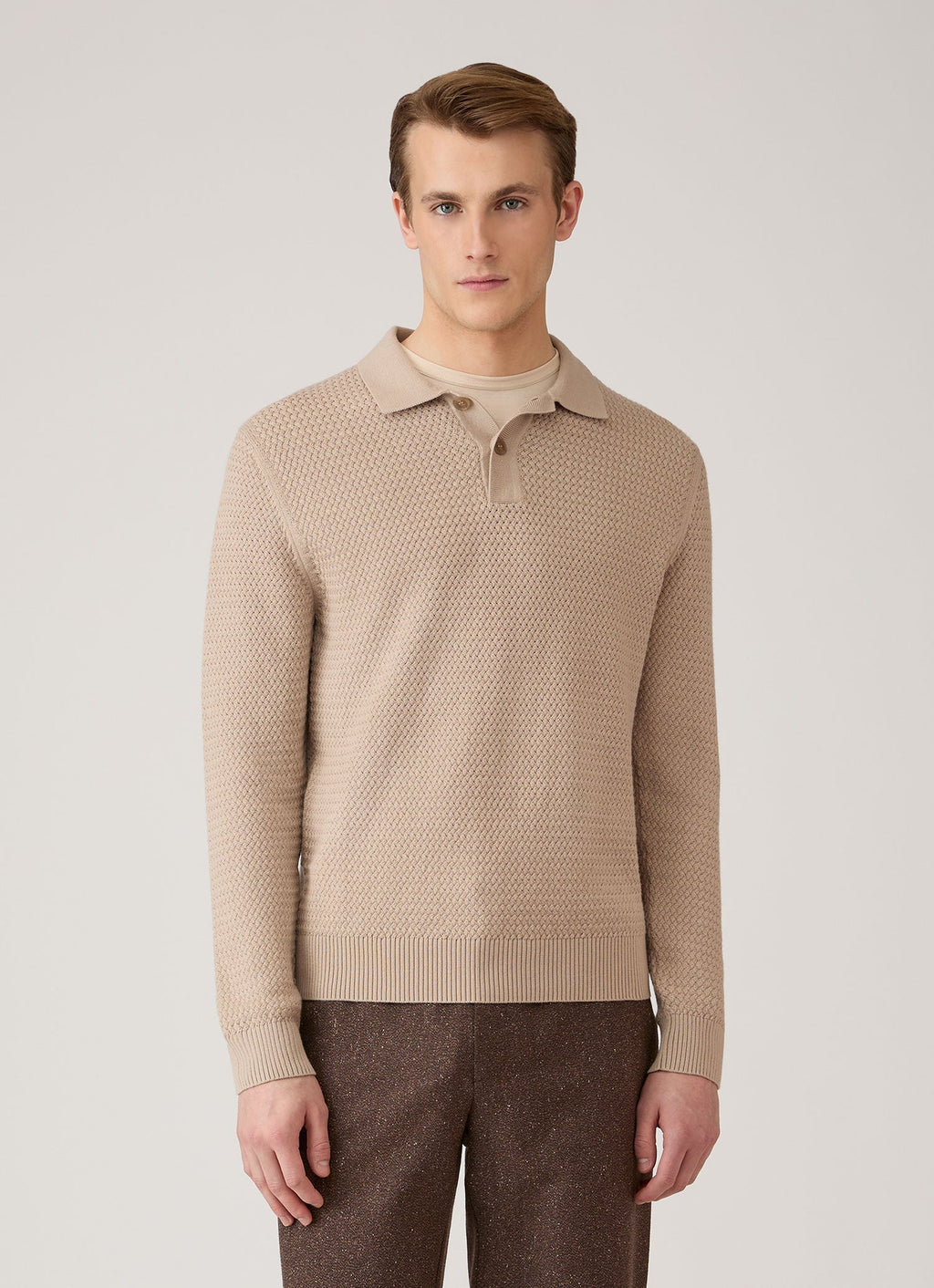 Sunspel Cotton Basketweave Polo Shirt - Stone - model view