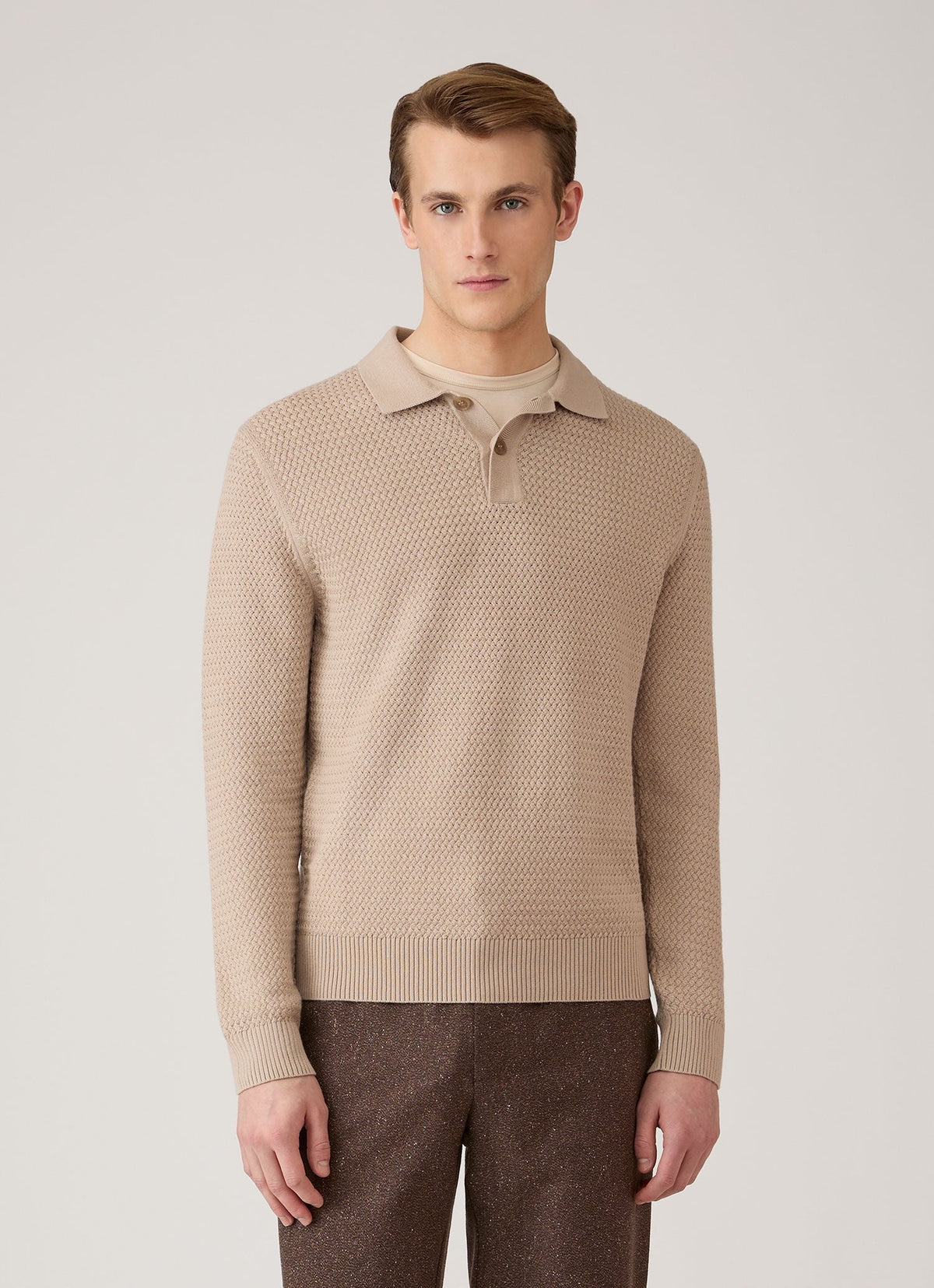 Sunspel Cotton Basketweave Polo Shirt - Stone - model view