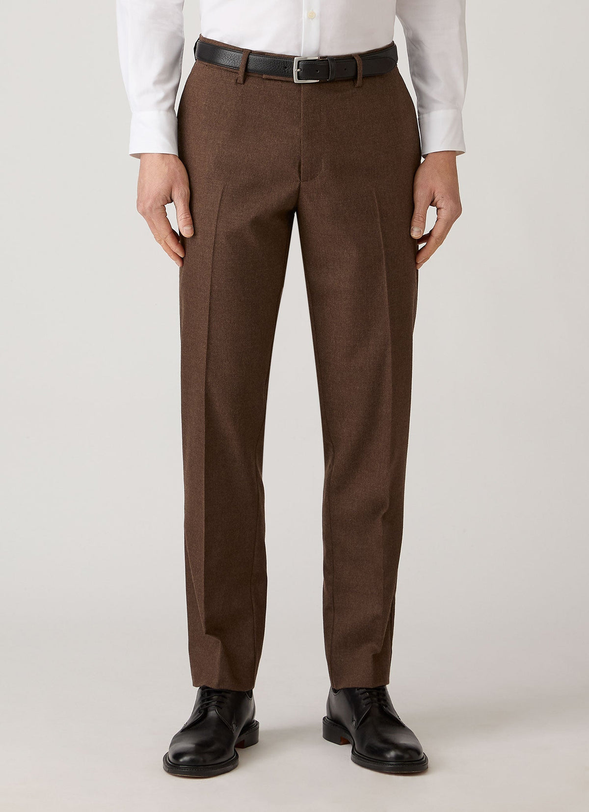 Sunspel Wool Cashmere Flannel Trouser - Light Brown Melange - model view