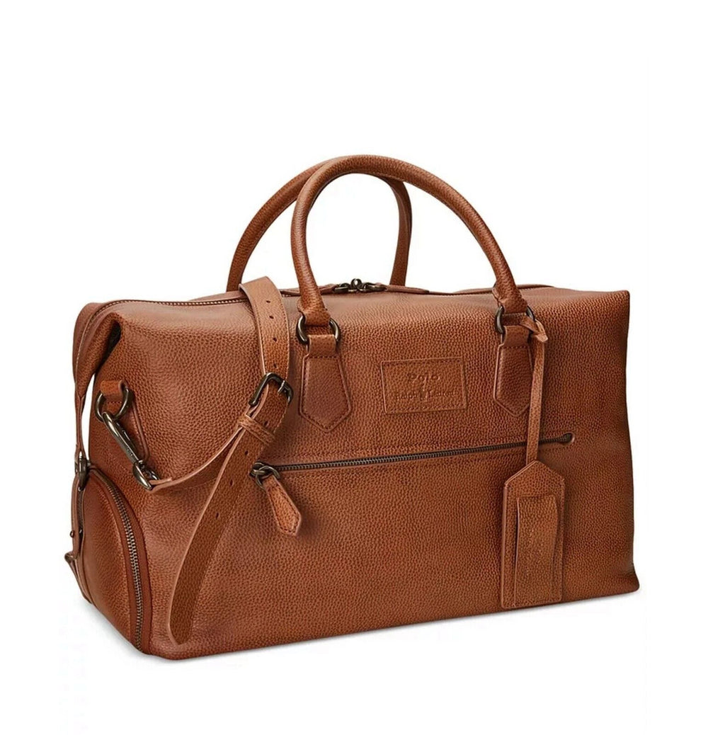 Polo Ralph Lauren Men's Pebble Leather Duffle Bag Weekender Saddle Brown