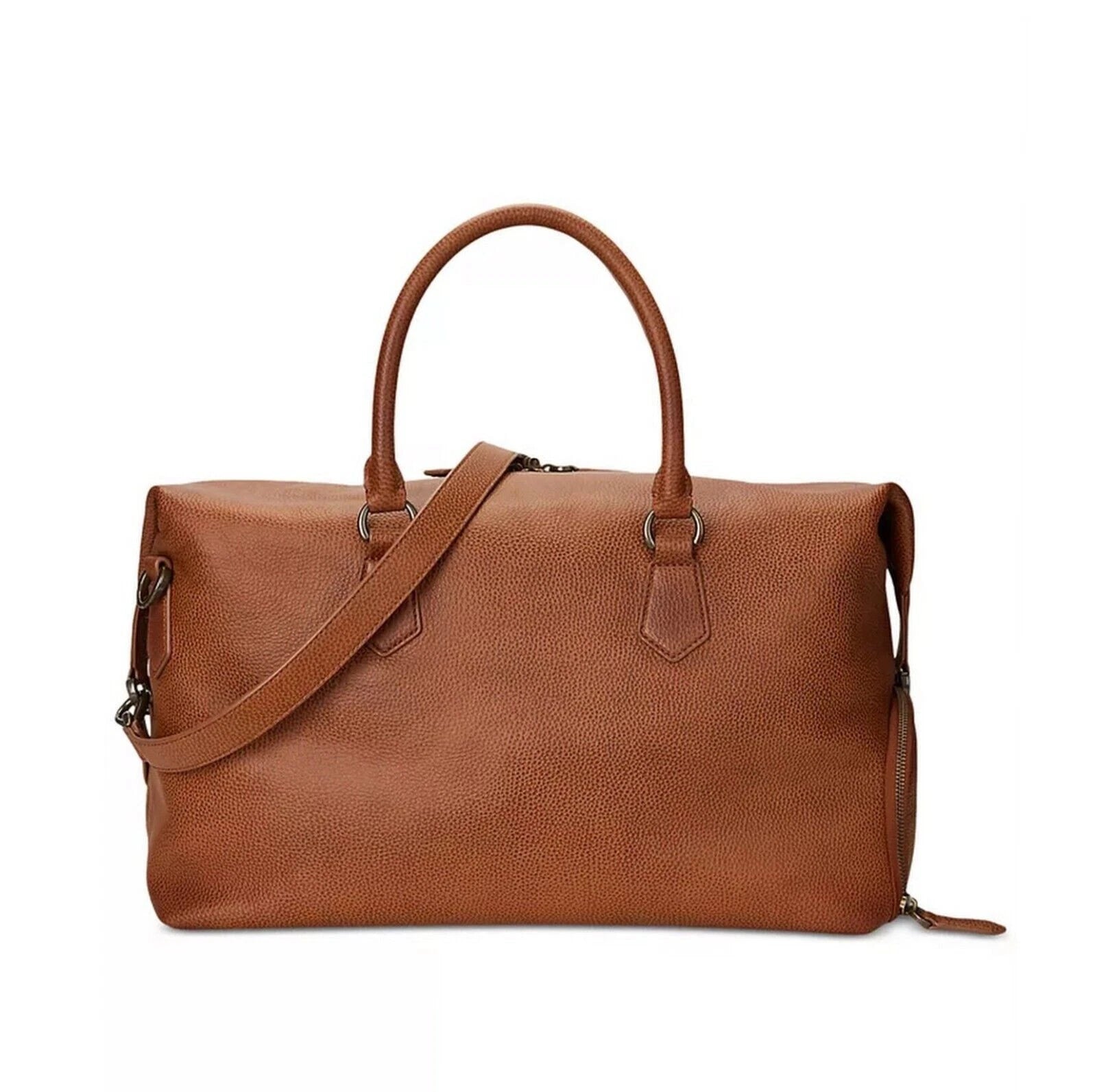 Polo Ralph Lauren Men's Pebble Leather Duffle Bag Weekender Saddle Brown