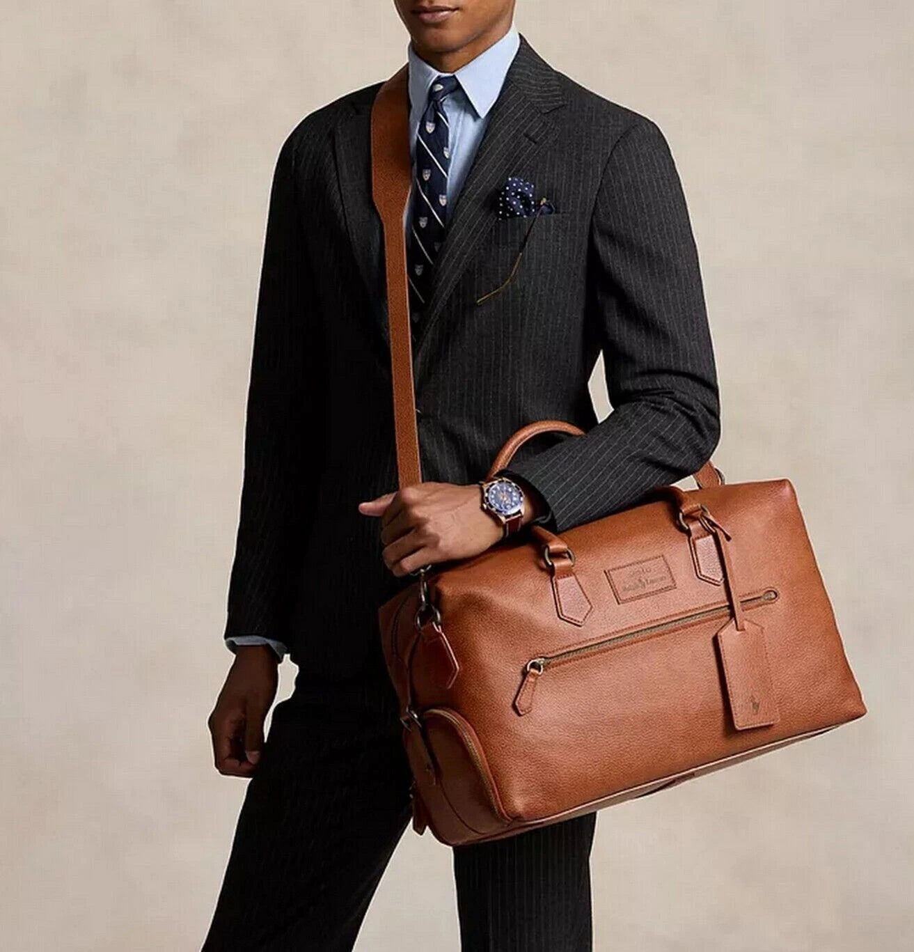Polo Ralph Lauren Men's Pebble Leather Duffle Bag Weekender Saddle Brown