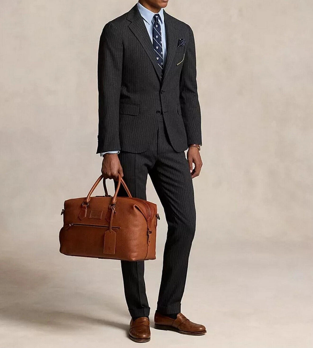 Polo Ralph Lauren Men's Pebble Leather Duffle Bag Weekender Saddle Brown